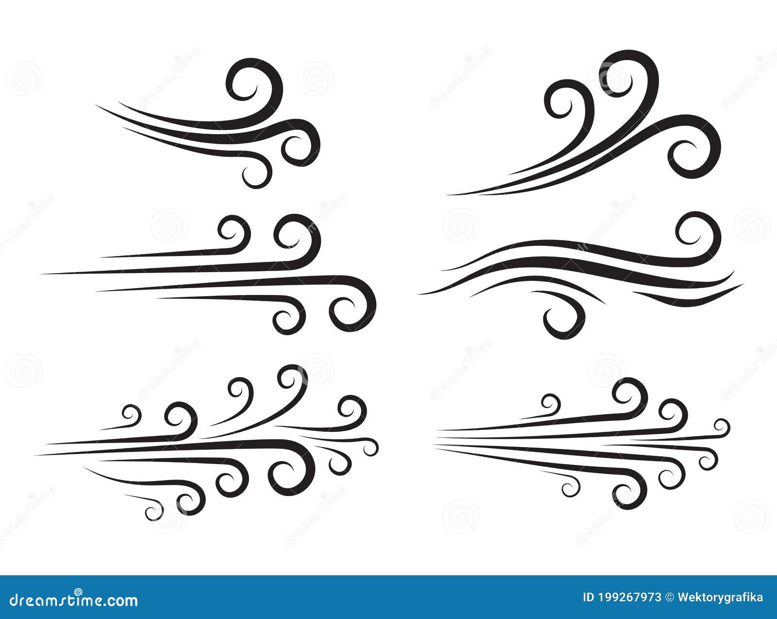 wind blow icon set. windy weather swirl  . silhouette of speed blowing air  on white. breeze wave abstract