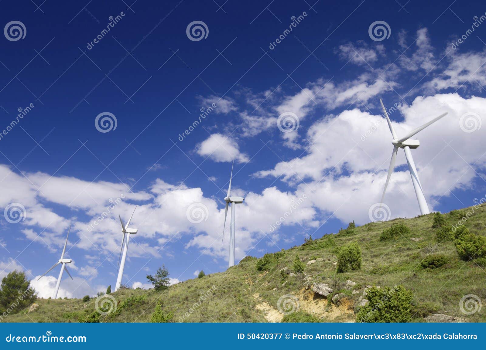 Wind energy. Windmills group for renewable electric energy production, Aras, Navarre, Spain