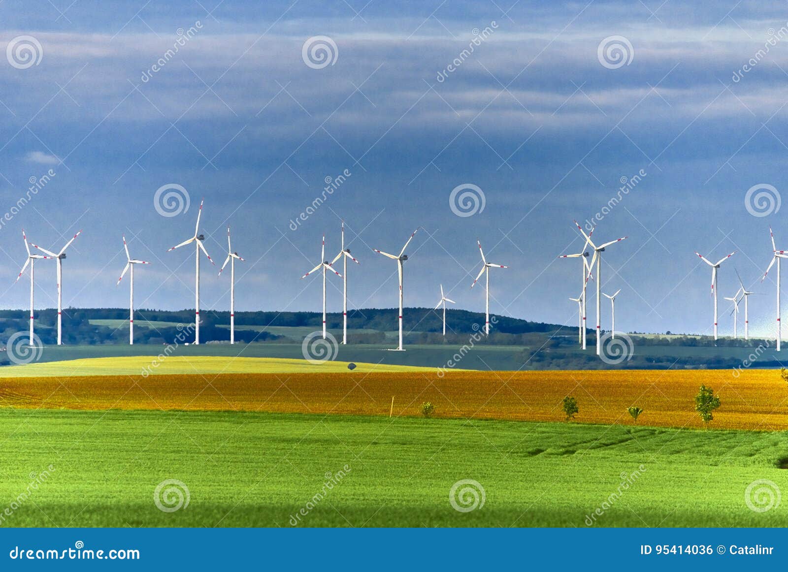 Wind Farm in green meadow stock photo. Image of nature 95414036