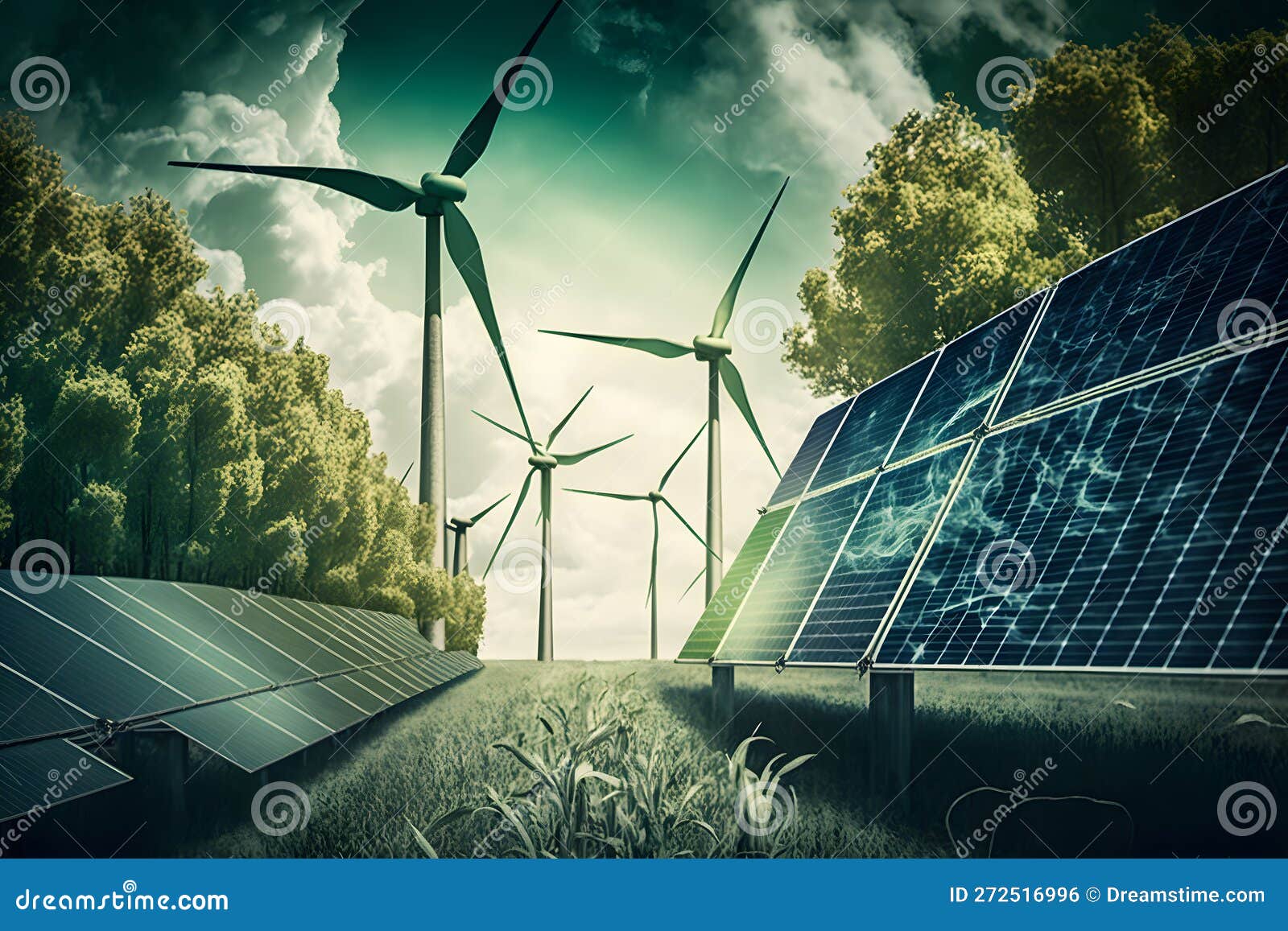 Wind Power and Solar Power Panels at Sunset. Neural Network AI