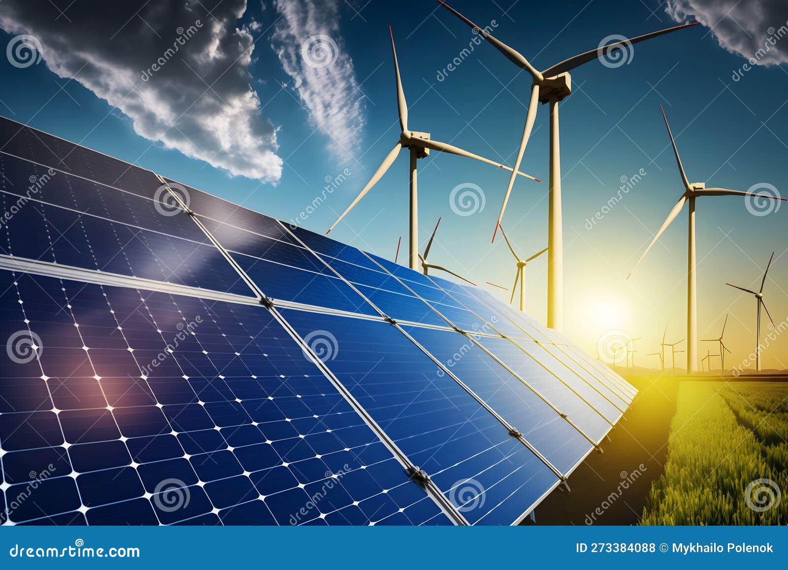 Wind Power and Solar Power Panels at Sunset. Neural Network AI