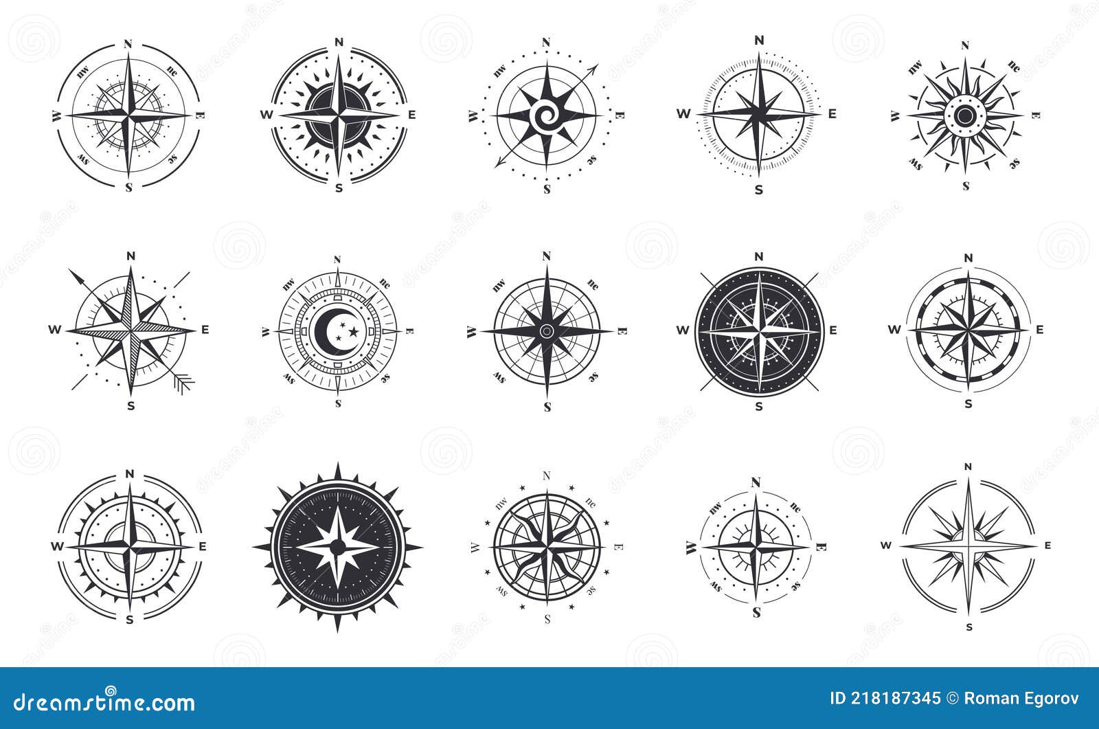 wind rose. compass signs. nautical instruments for north orientation. black and white contour cartographic s