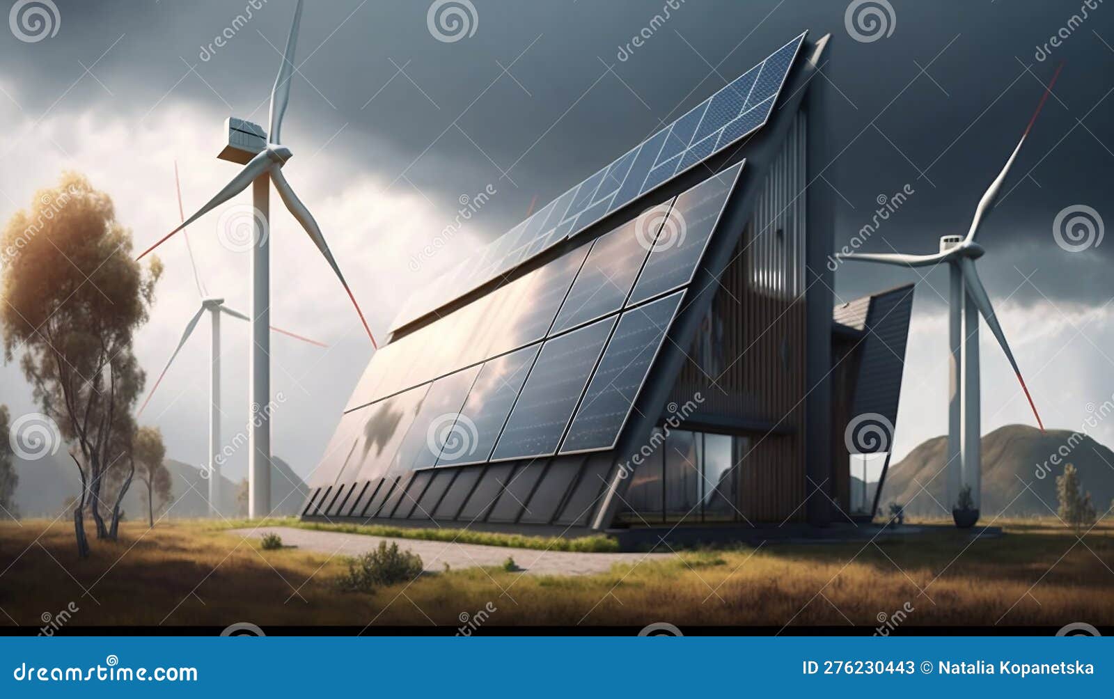 Wind and Solar Energy in the Natural Environment. Generated AI Stock