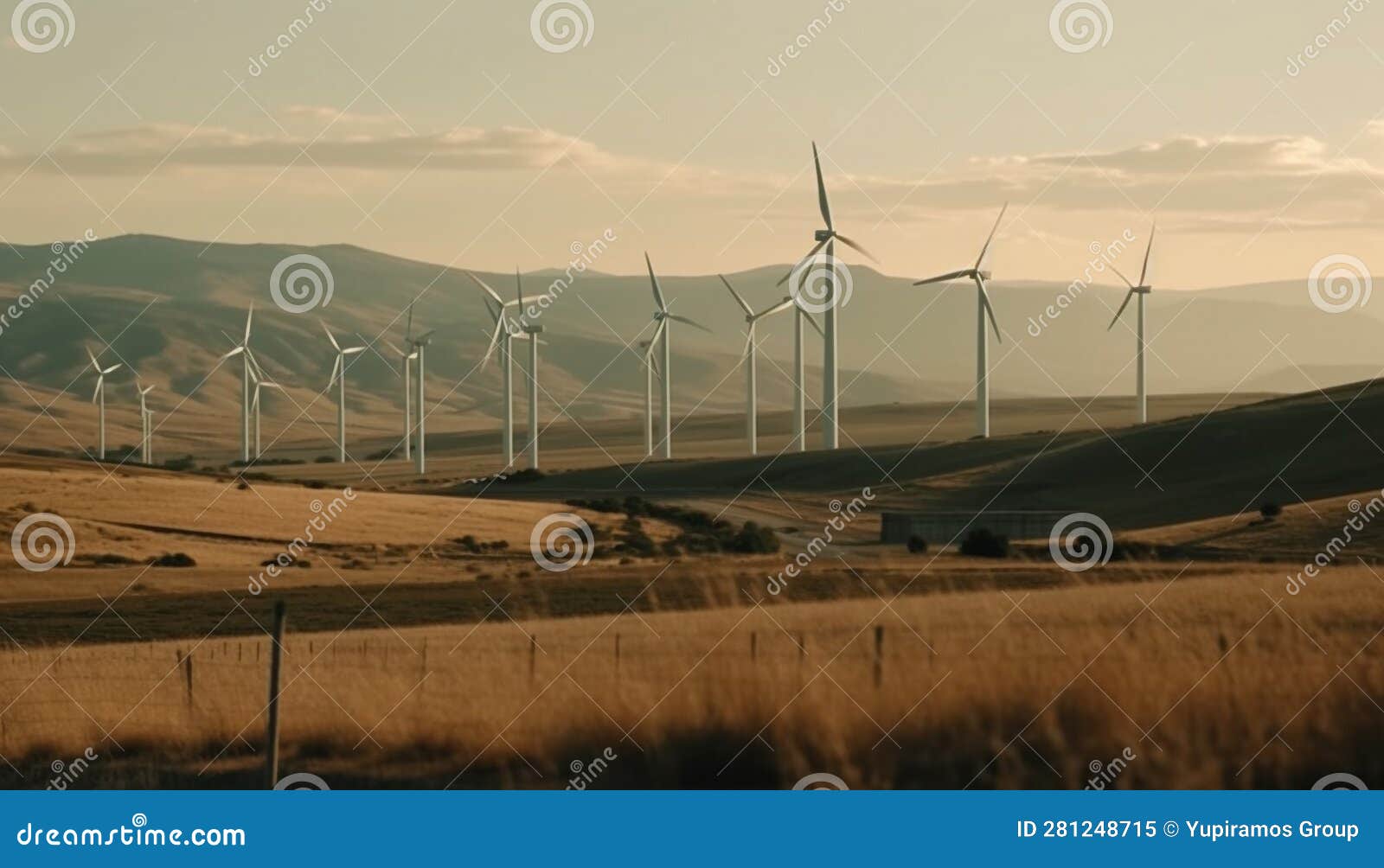 Wind Turbines in a Row, Spinning Blades Generate Renewable Energy Generated by AI Stock Image