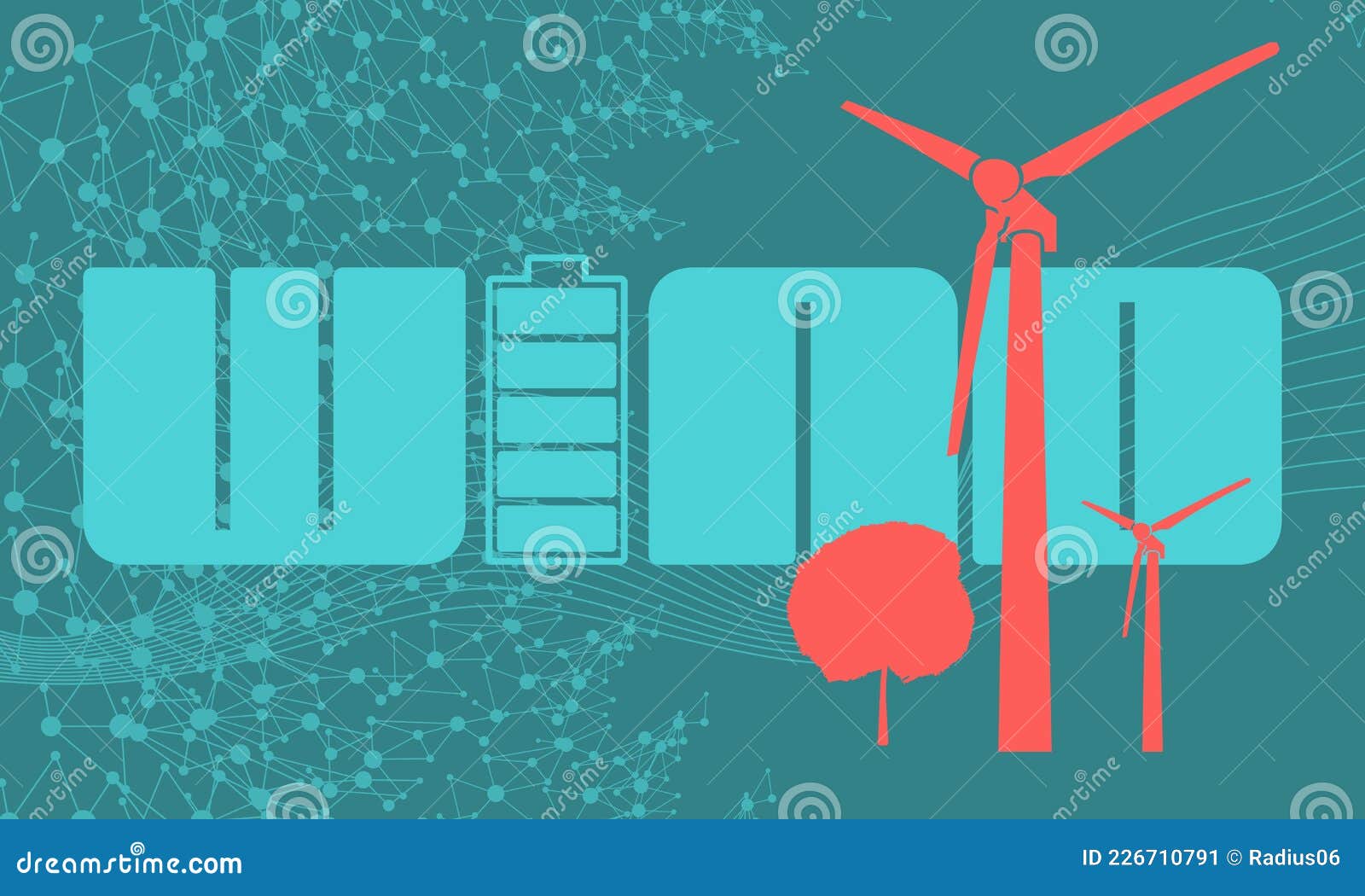 Wind Word with Battery Icon. Turbine and Tree Stock Vector