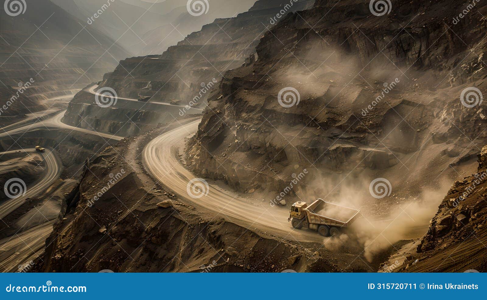 winding mountain road with truck in rugged terrain, dramatic landscape for adventure and travel themes. serpentine route