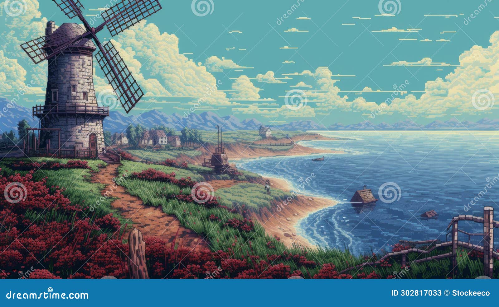 majestic windmill: pixel art of a dell in san francisco renaissance style