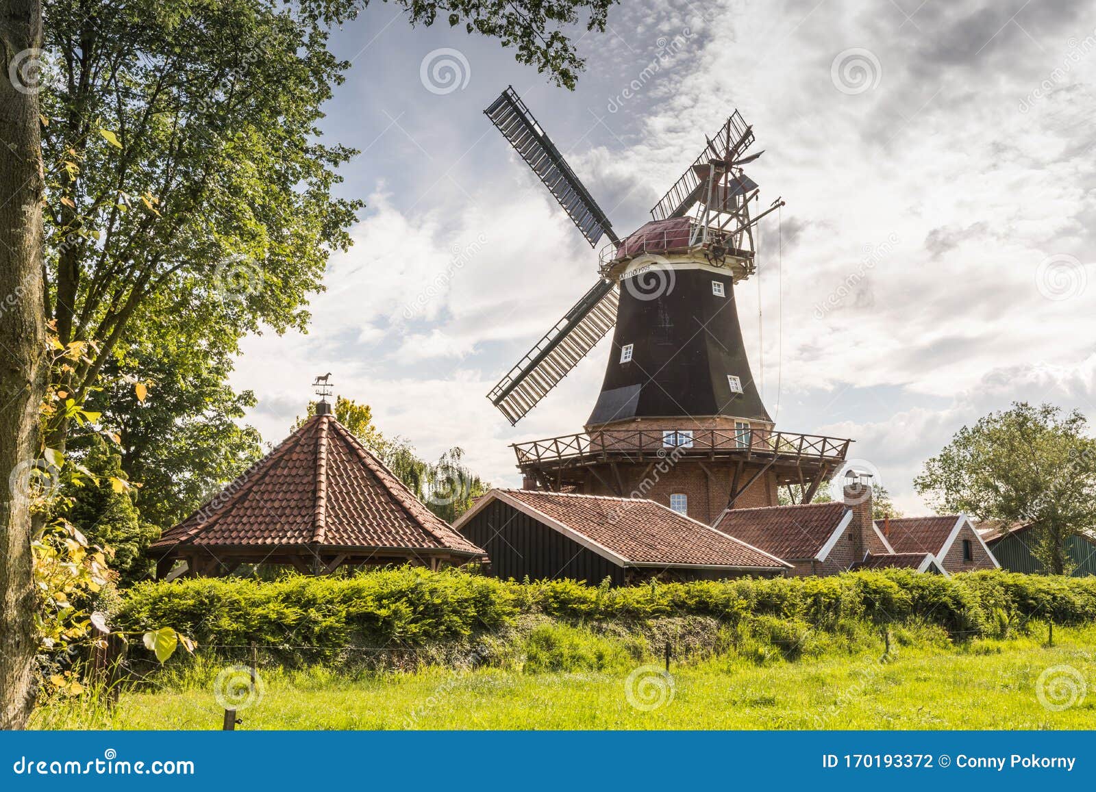 windmill rhaude in green nature in the county of leer, east frisia, lower saxony, germany