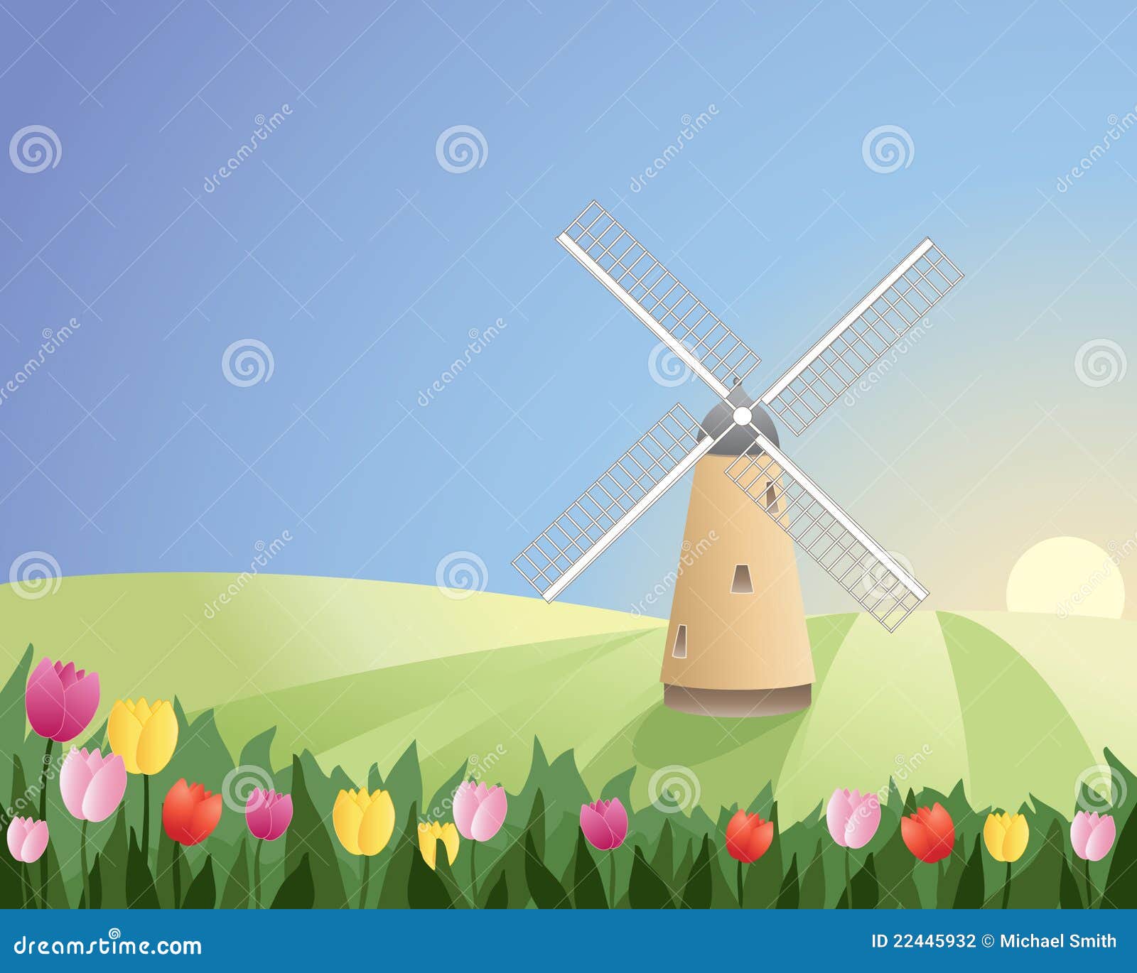 Windmill with tulips. An illustration of a windmill with white sails in a peaceful landscape with colorful tulips under a blue sky