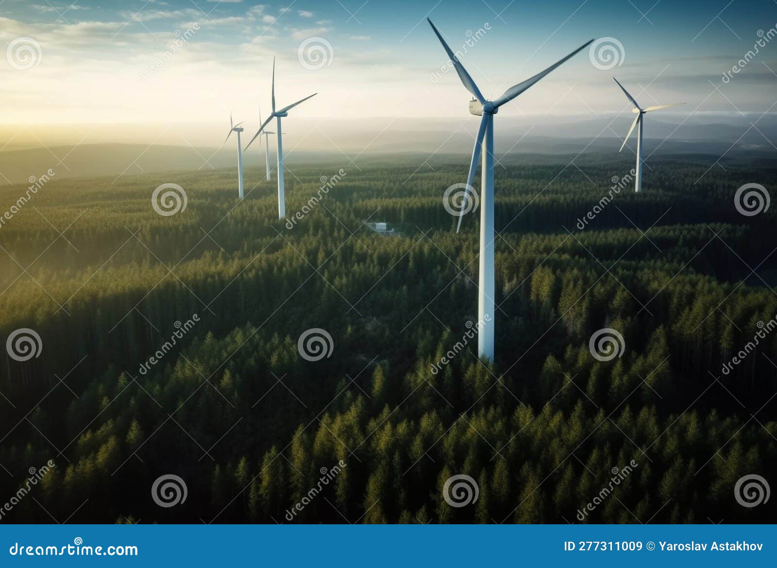 Windmills Farm in Beautiful Forest Landscape. Ecological Battery