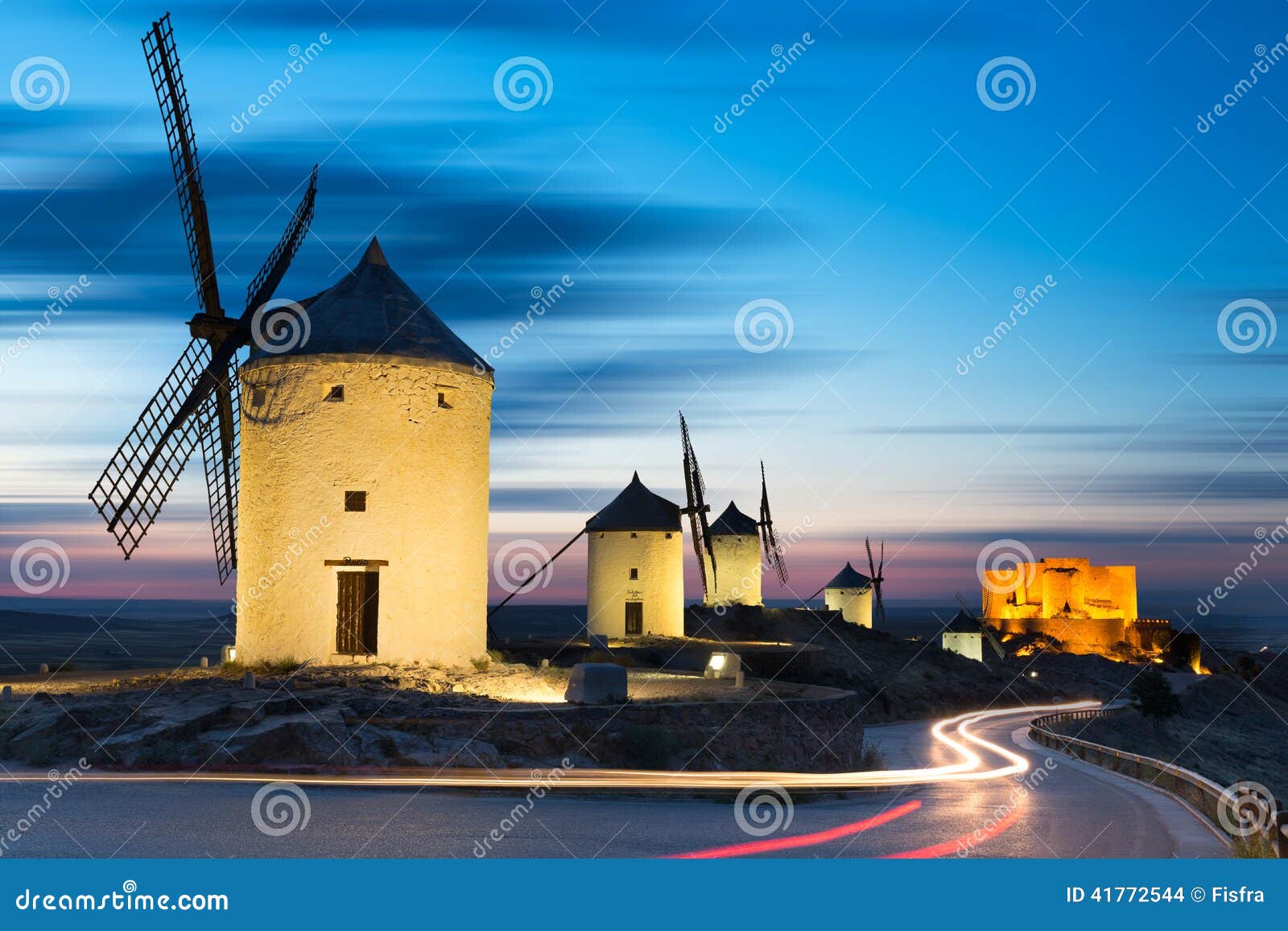 windmills after sunset, consuegra, castile-la mancha, spain