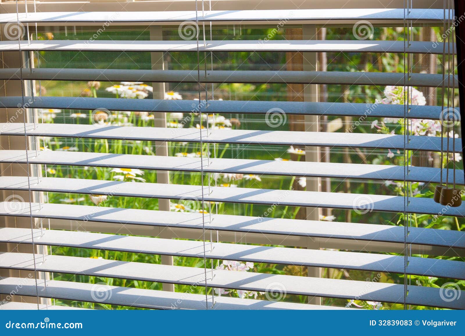 Window With Blinds Overlooking Flower Garden. Stock Image - Image of