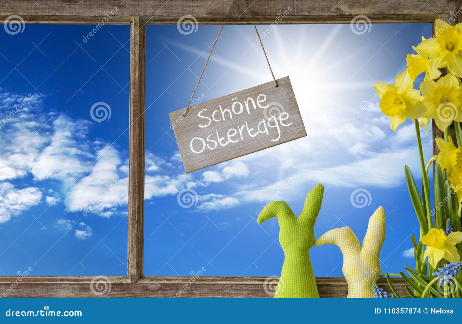 window, blue sky, schoene ostertage means happy easter