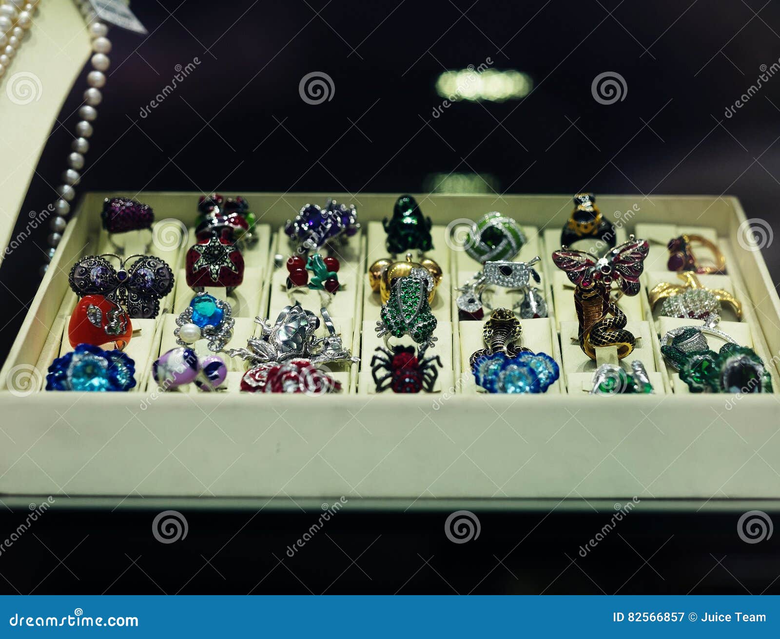 Window Display at Jewelry Shop Presenting Rings and Earring Set Stock