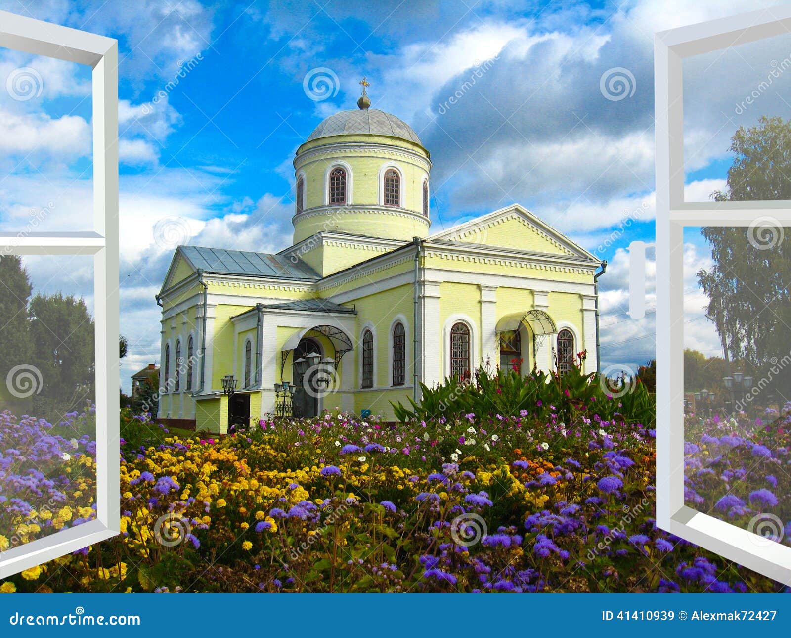 Window Opened To the Church and Flowerbed Stock Image Image of