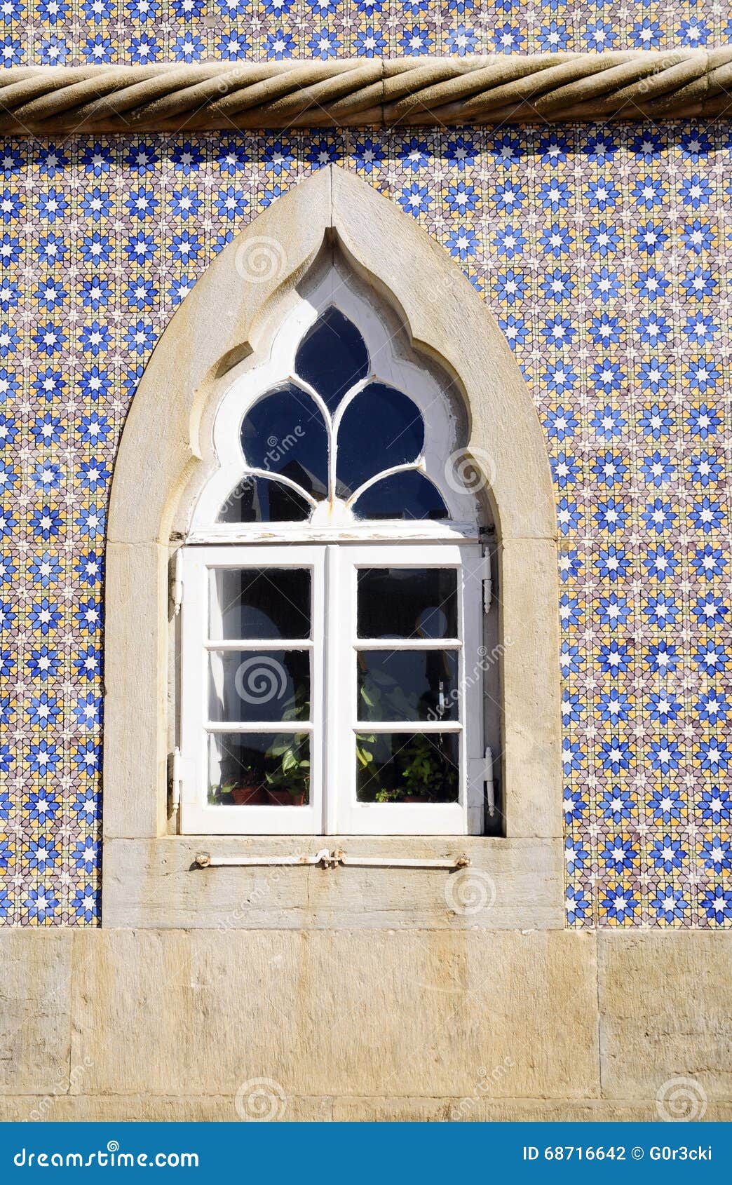 window from pena-sintra national palace, blue glaze tiles wall