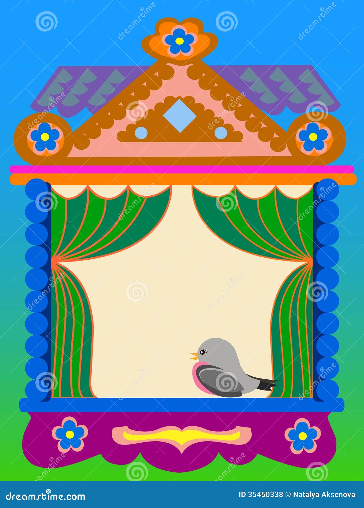 Window of the Russian traditional house tower with multi-colored to patterns. On a window the bird sits. A simple vector illustration.Place for your text.