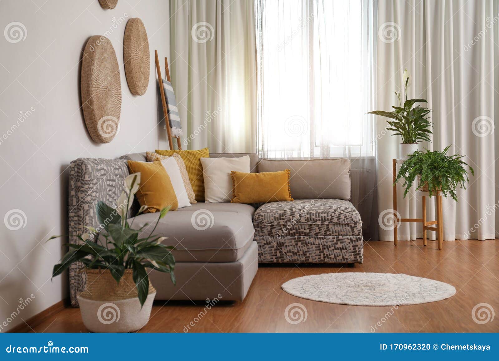 Window with Stylish Curtains in Living Room Stock Photo - Image of