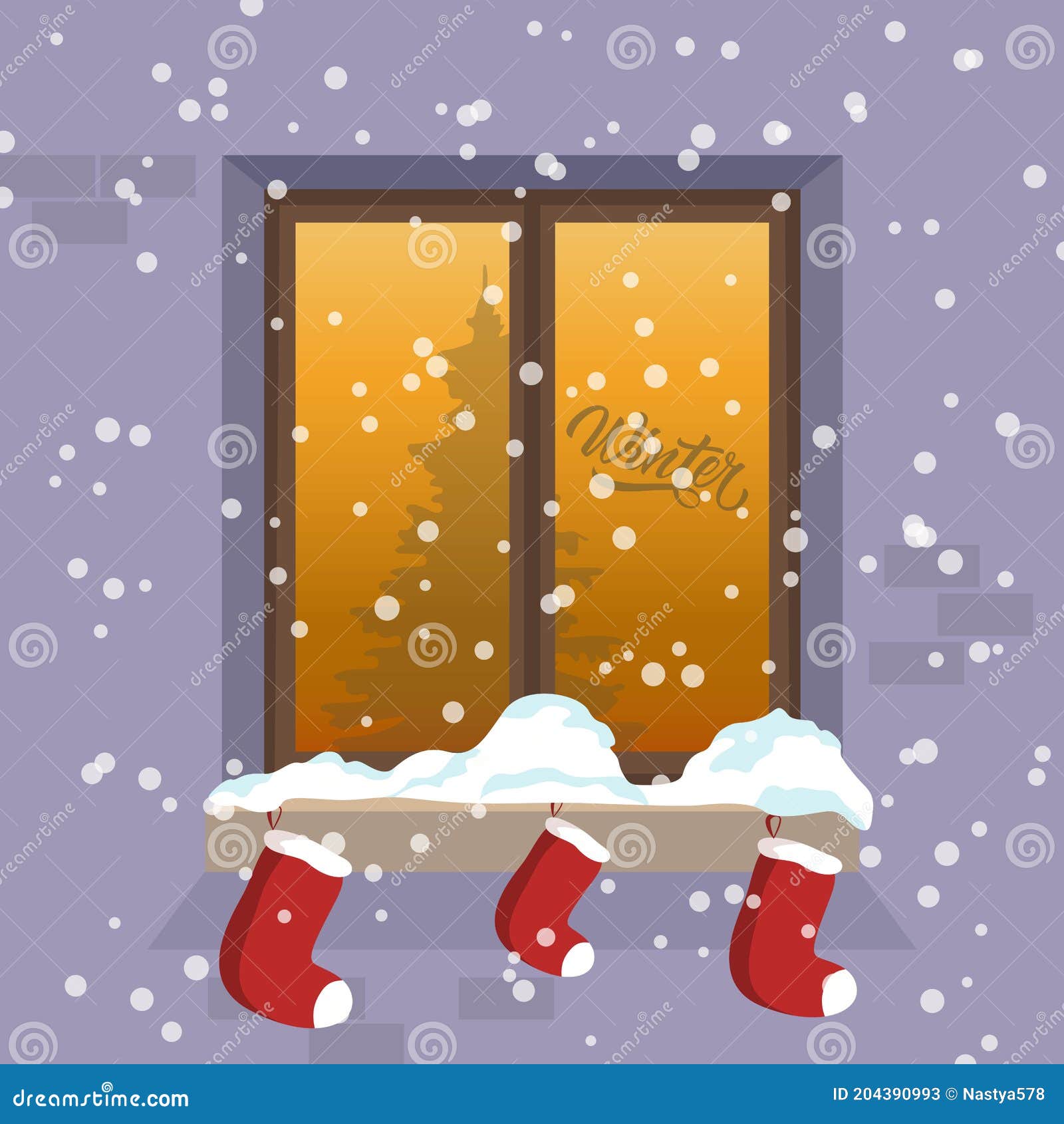Drawing Winter Window Snowy before the New Year. Stock Illustration