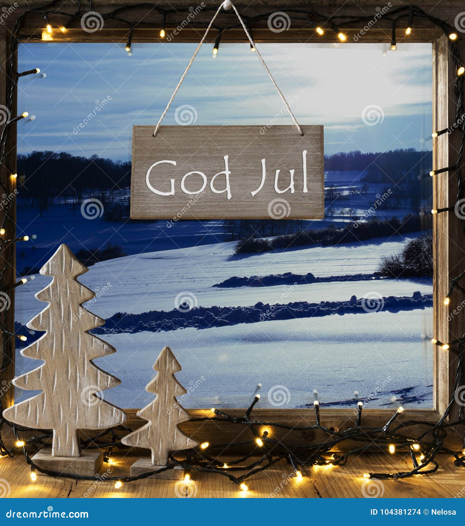 Download Window Winter Landscape God Jul Means Merry Christmas Stock Image of