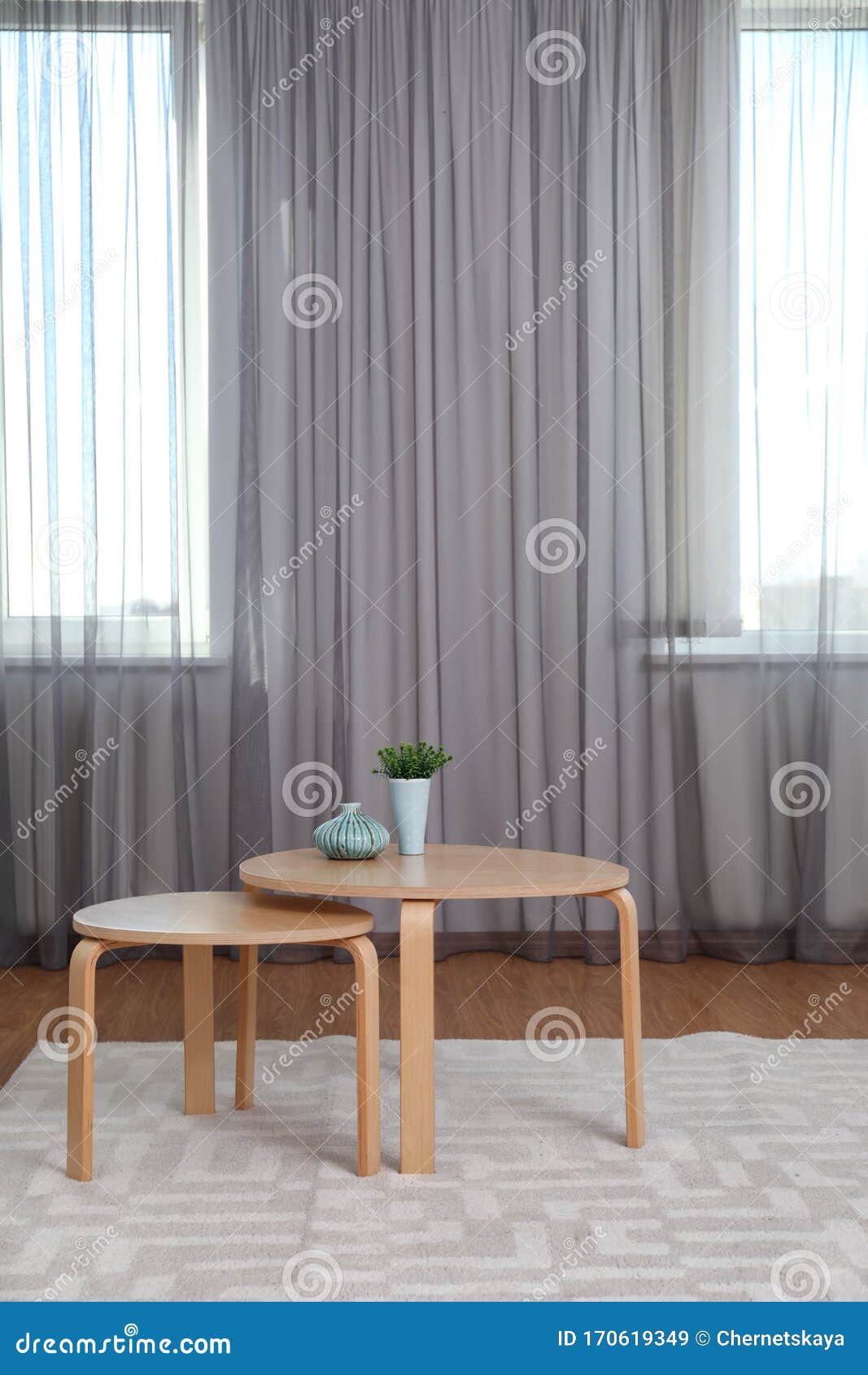 Windows with Stylish Curtains in Living Room Stock Image - Image of