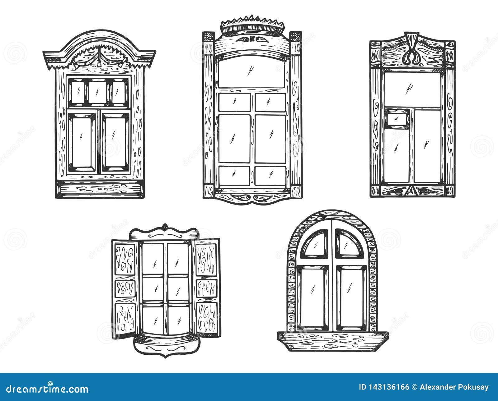 Windows Wooden Sketch Engraving Vector Stock Vector