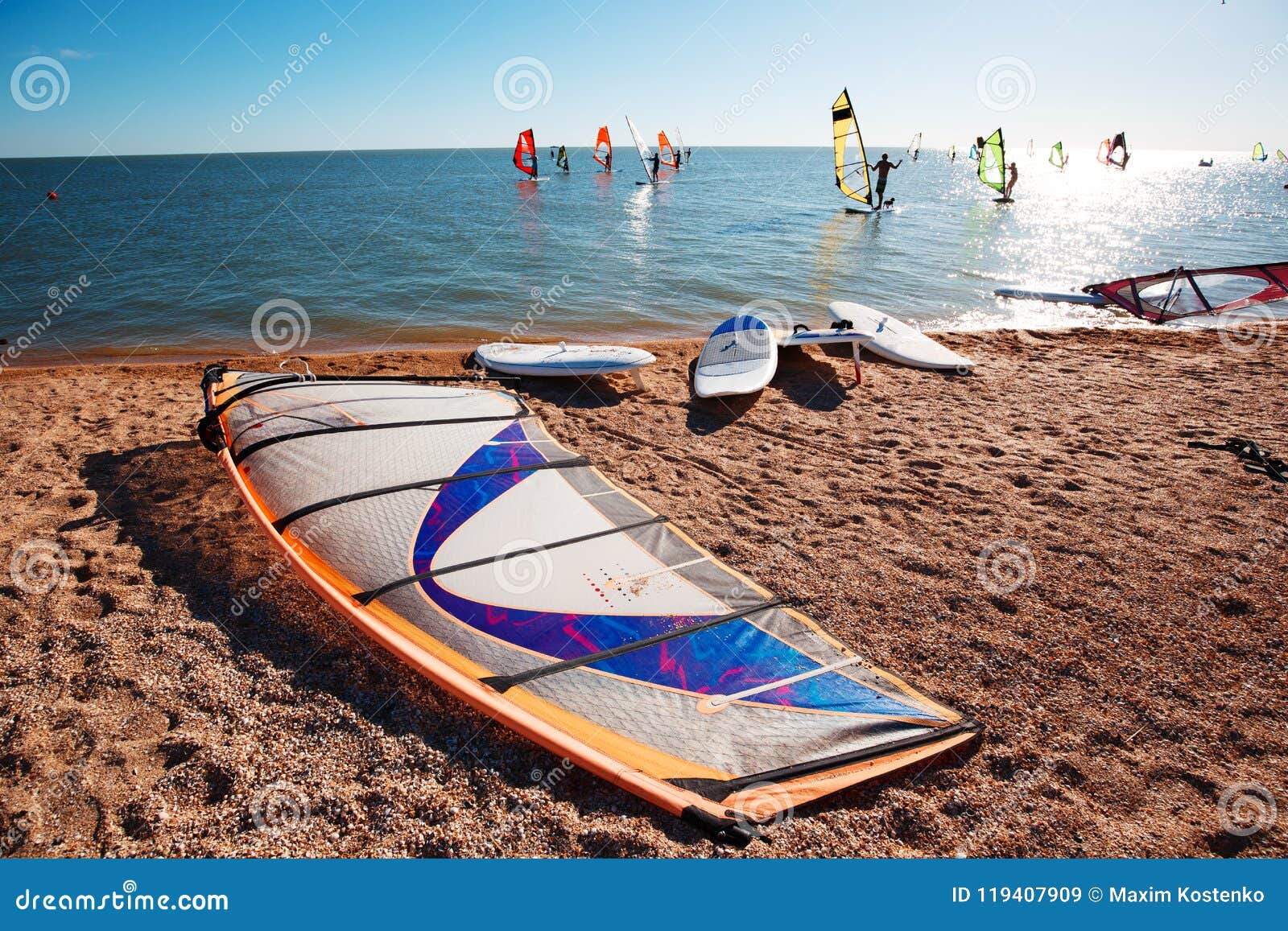 Windsurf Boards on the Sand at the Beach. Windsurfing and Active