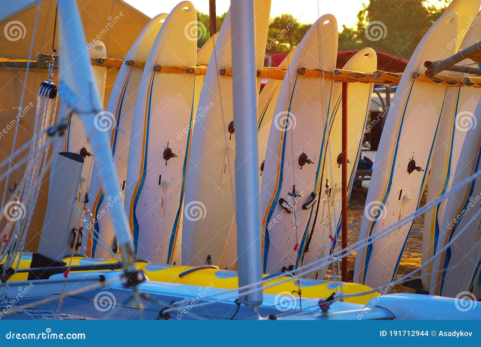 windsurfing boards storage on a beach watersports facility in early morning