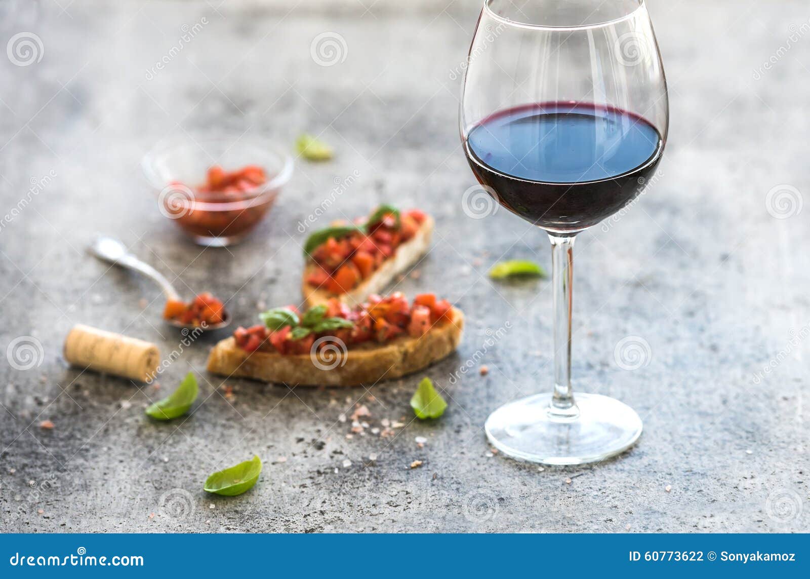 Wine Appetizer Set. Glass of Red Wine, Brushettas Stock Photo Image