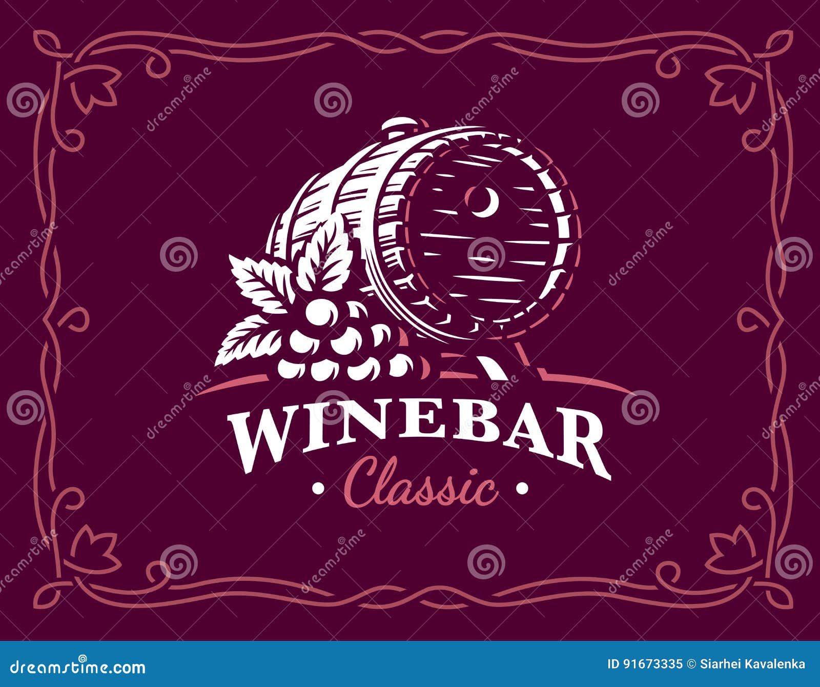 Wine Barrel Logo Vector Illustration, Emblem on Maroon Color