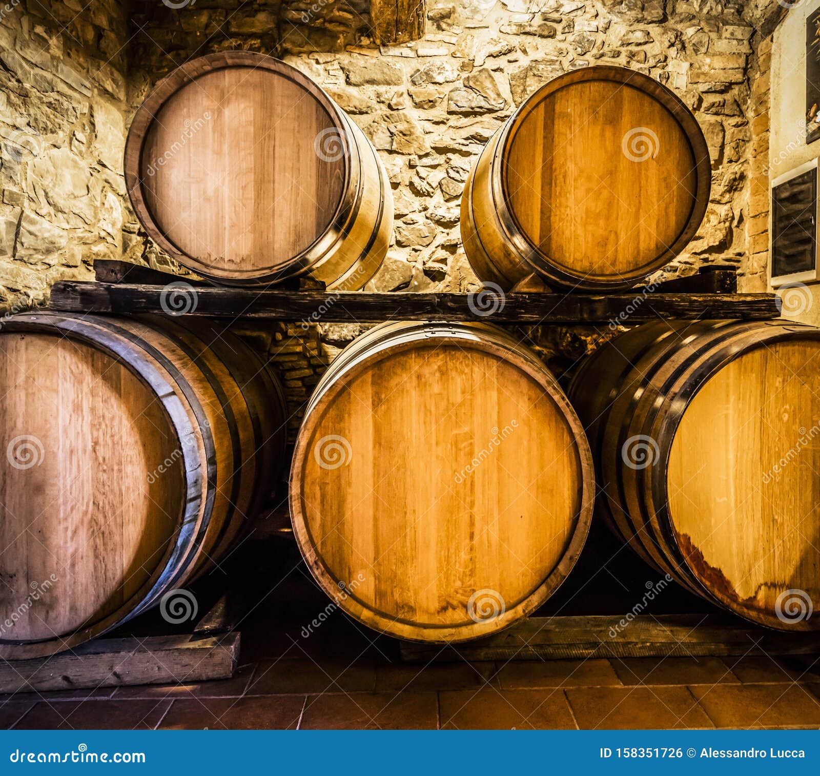 Wine barrels in cellar stock photo. Image of beer, background 158351726