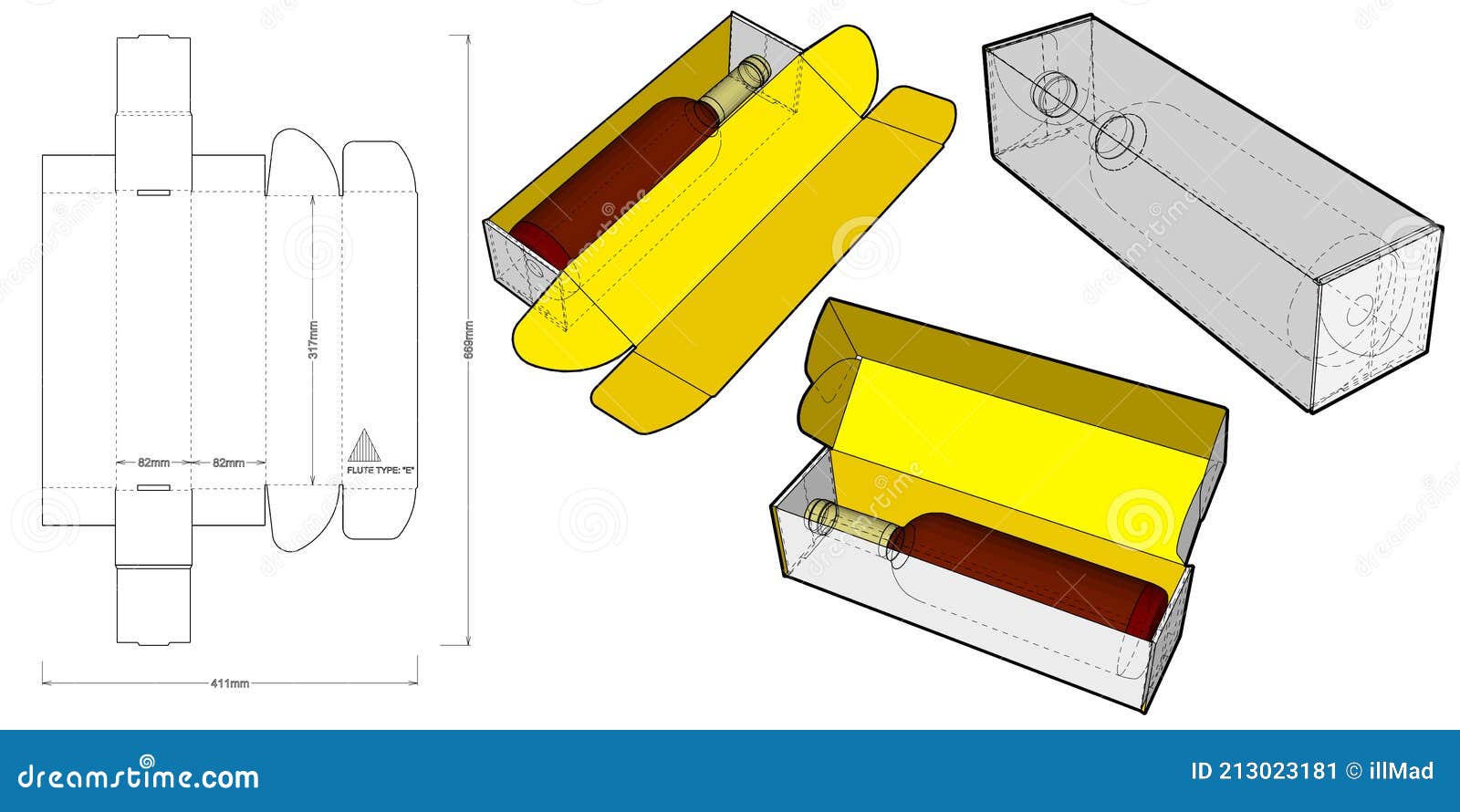 Wine Bottle Box and Diecut Pattern. Stock Vector Illustration of