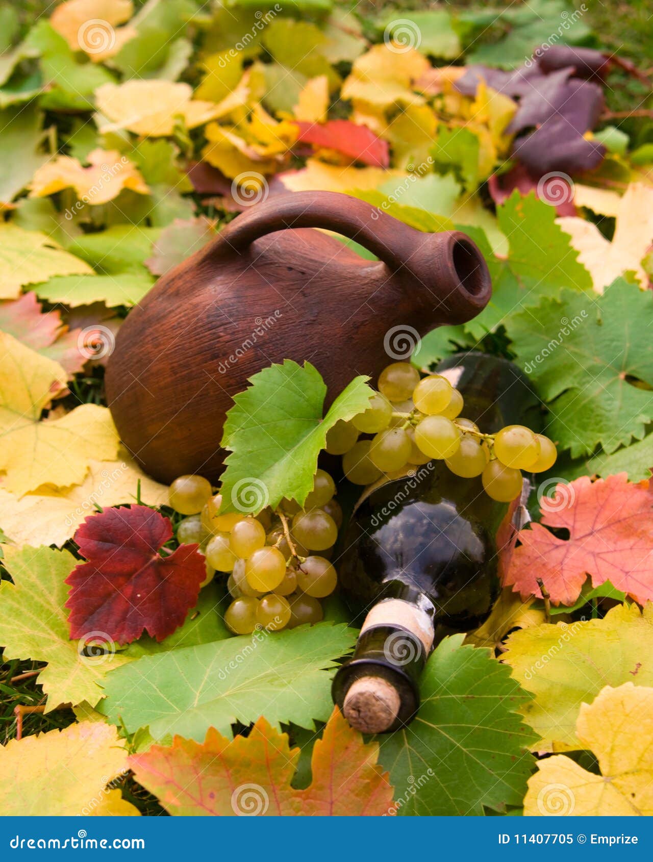 wine bottle, crock and grape
