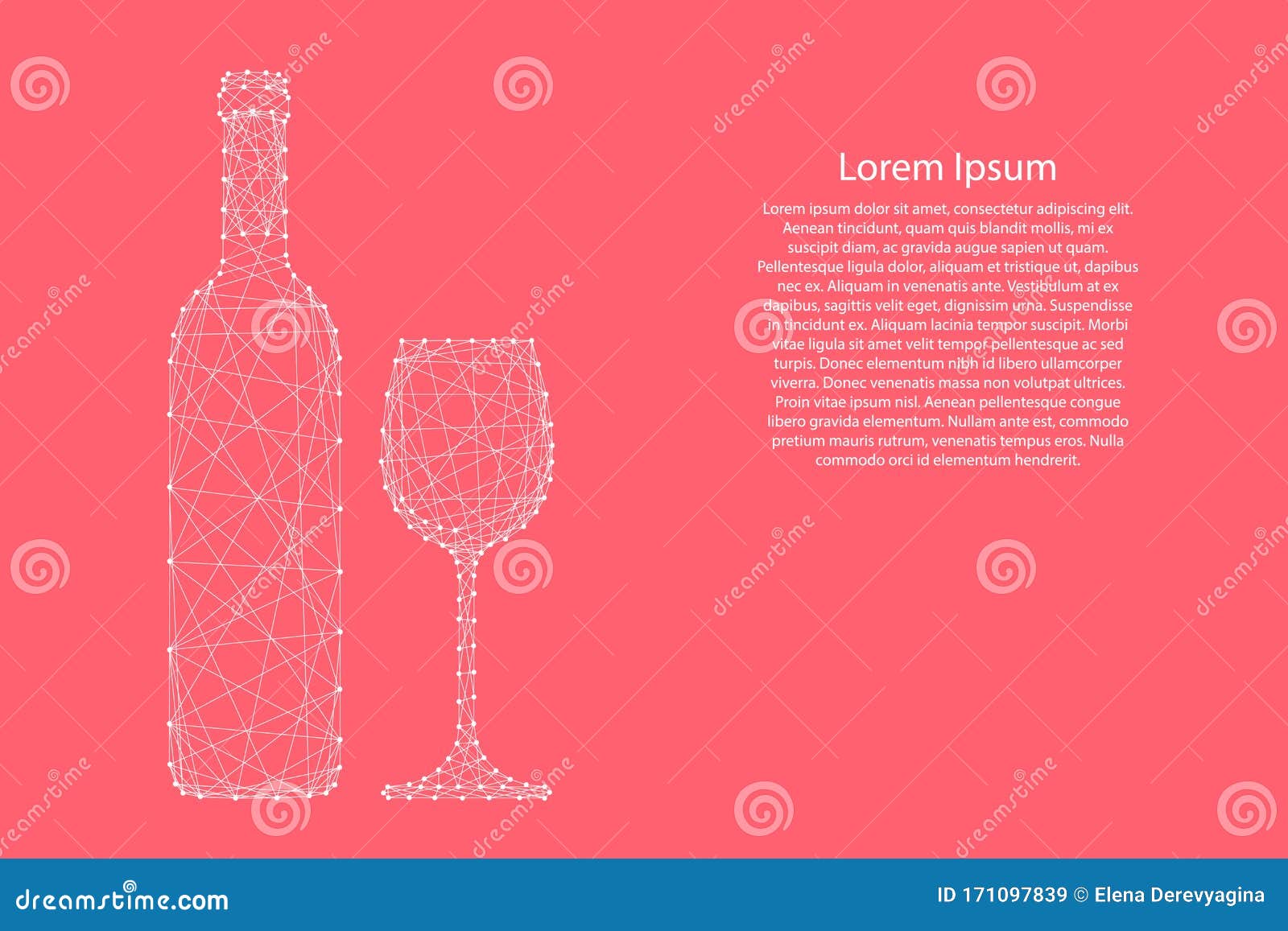 wine bottle and glass from abstract futuristic polygonal white lines and dots on pink rose color coral background for banner,