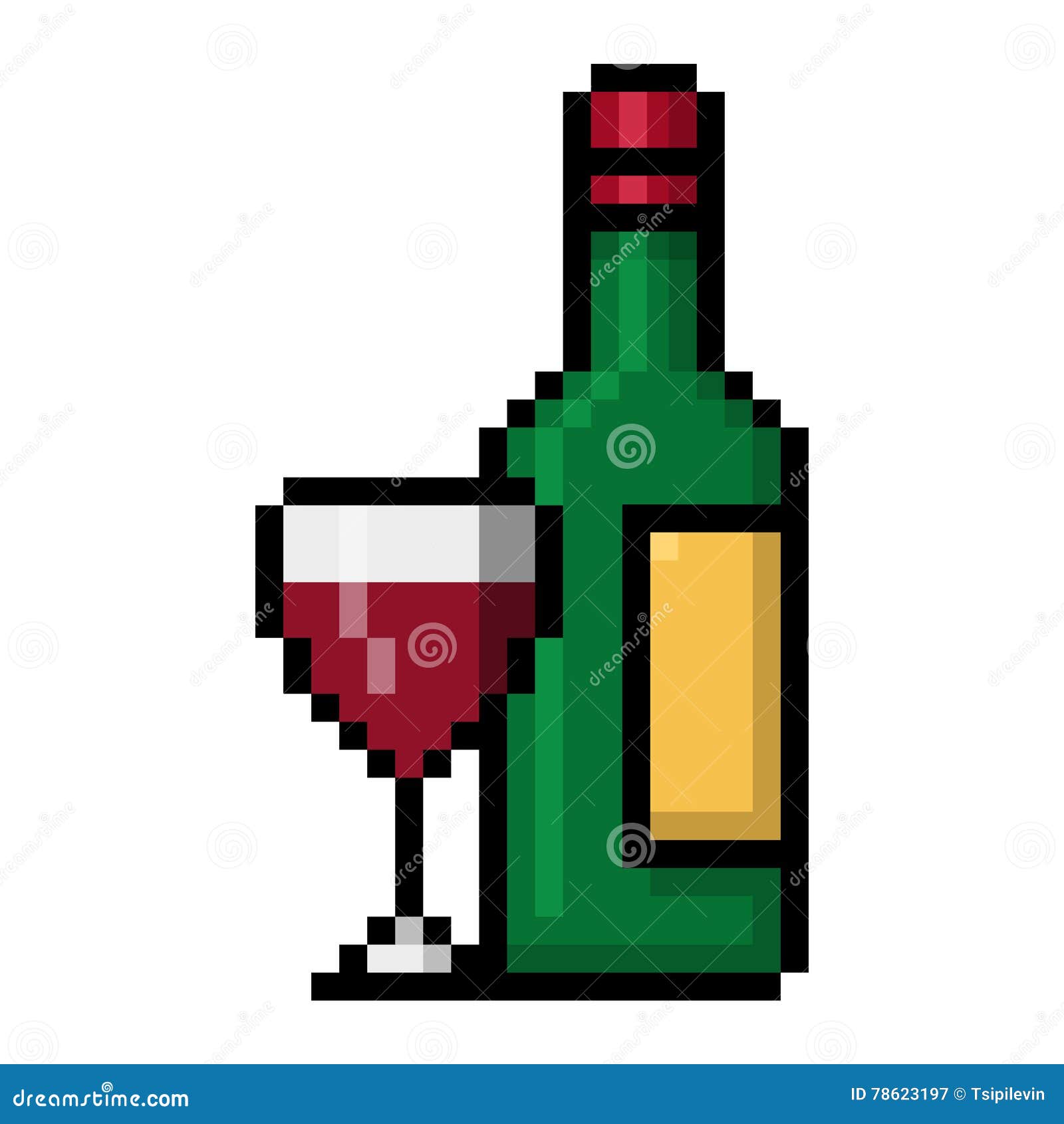 Wine Bottle and a Glass of Red Wine Pixel Art on White Background Stock Illustration