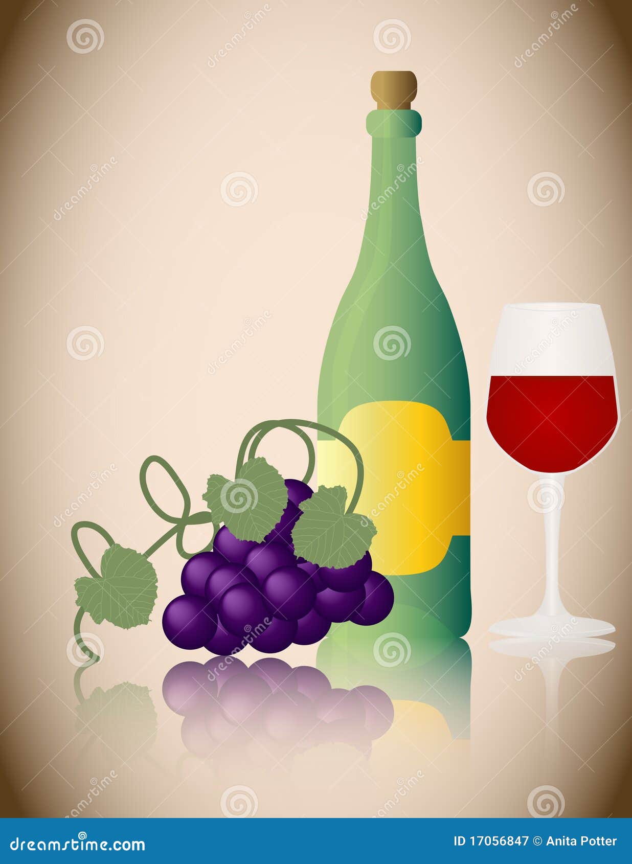 Wine Bottle with Grapes and Glass Stock Vector - Illustration of wall ...