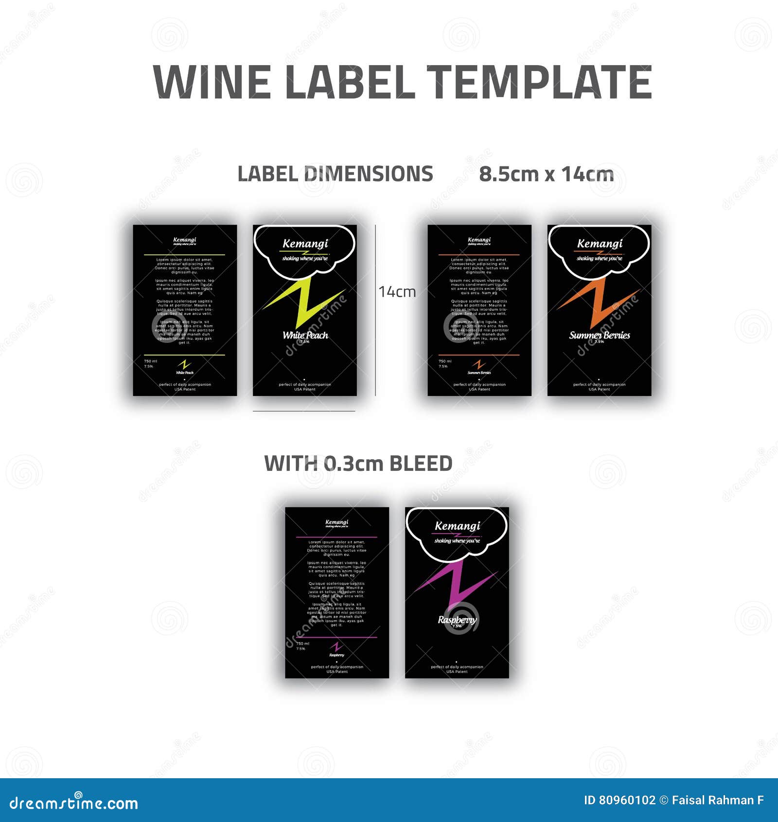 wine bottle label with three alternative  and flavour