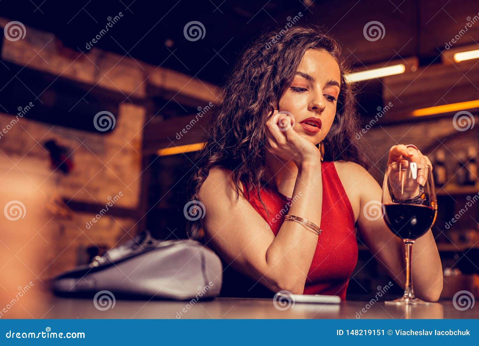 Woman Feeling Lonely Drinking Wine without Boyfriend Stock Image