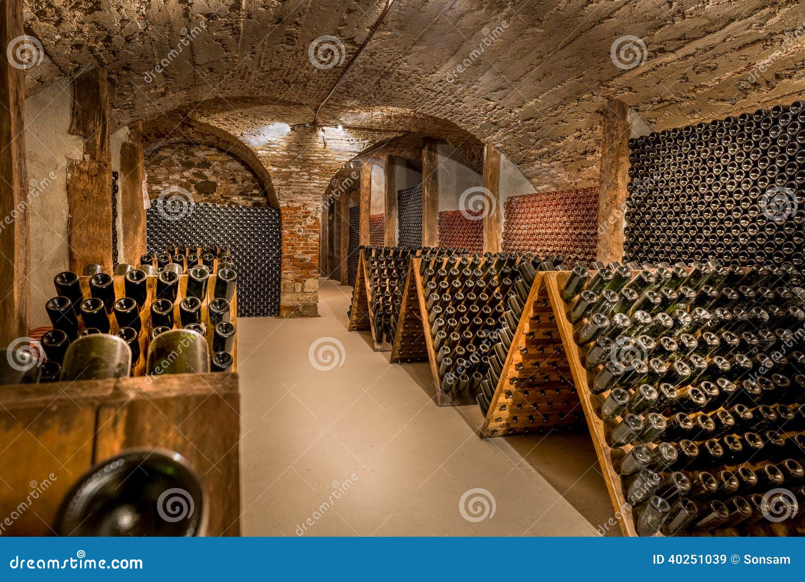 wine cellar, a row of champagne bottles