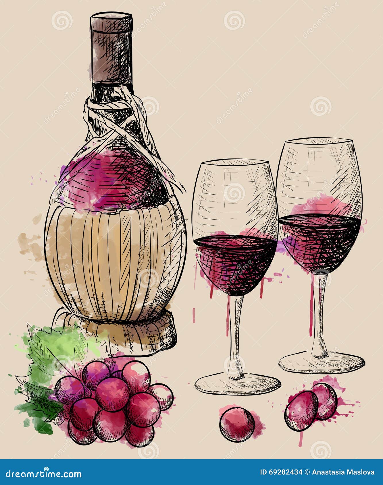 Wine Collection. Vector Illustration with Wine Barrel, Wine Glass ...