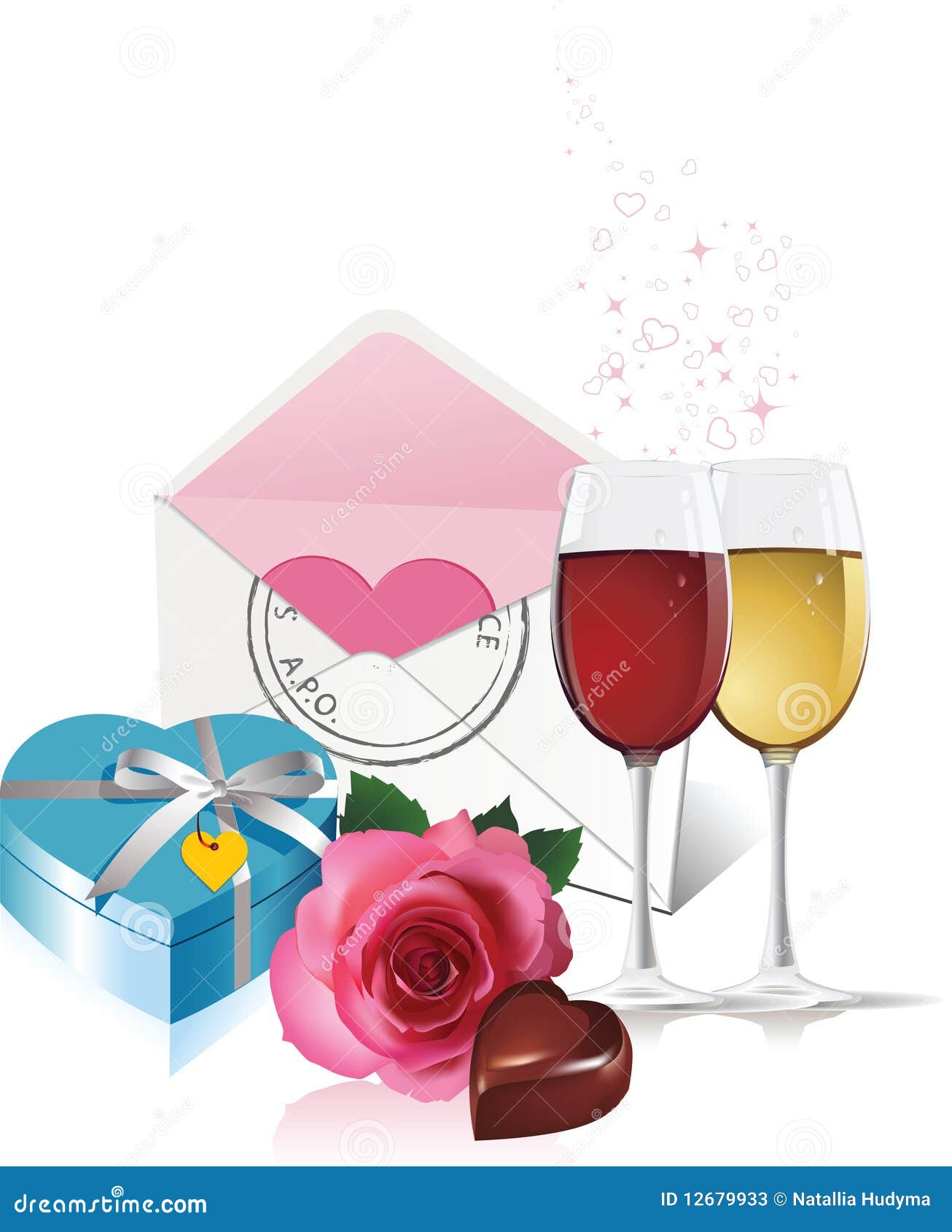 Wine, gift box and rose. stock vector. Illustration of isolated 12679933