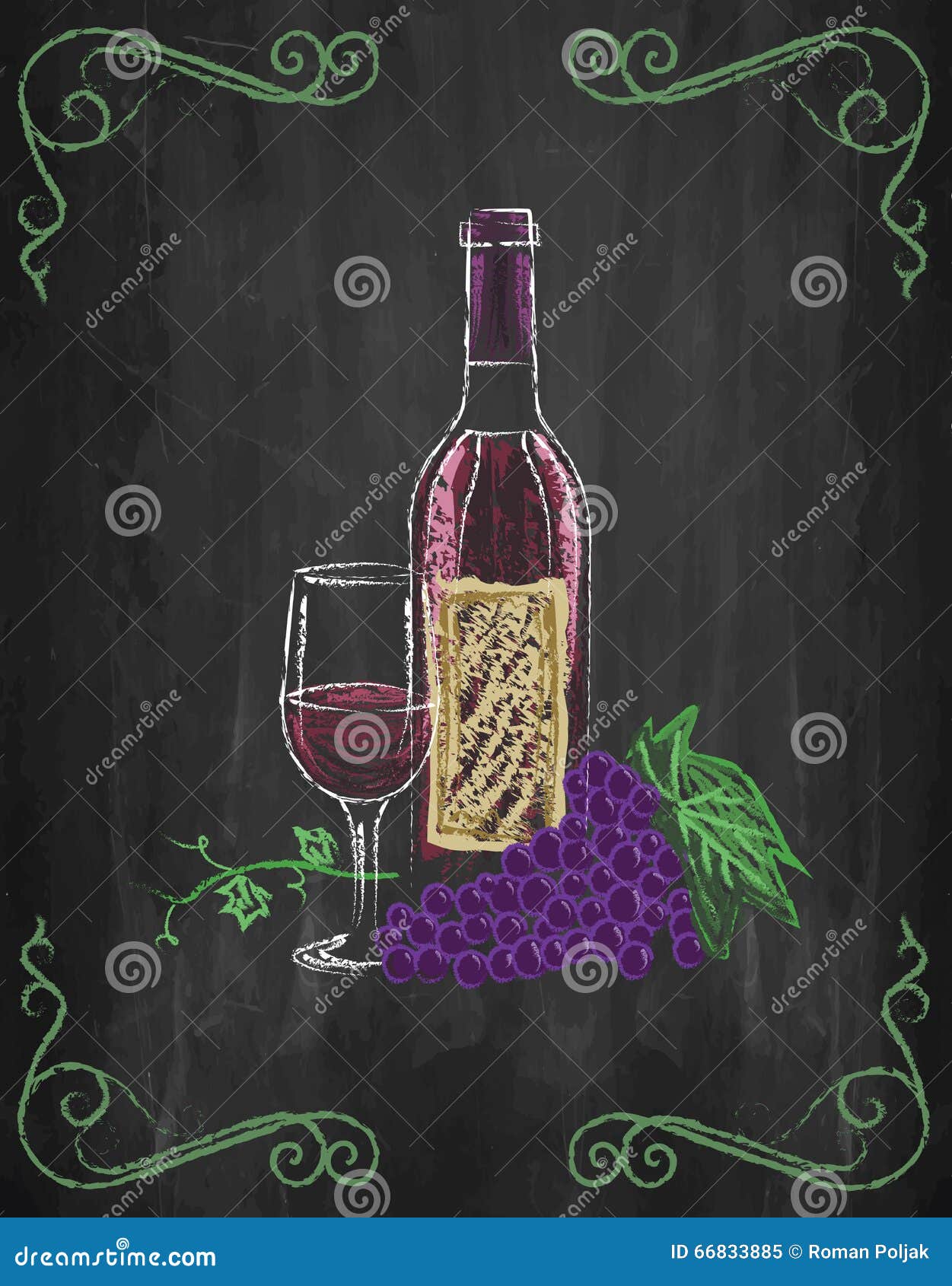 Wine Glass And Bottle With Grapes And Vines On Chalkboard Background