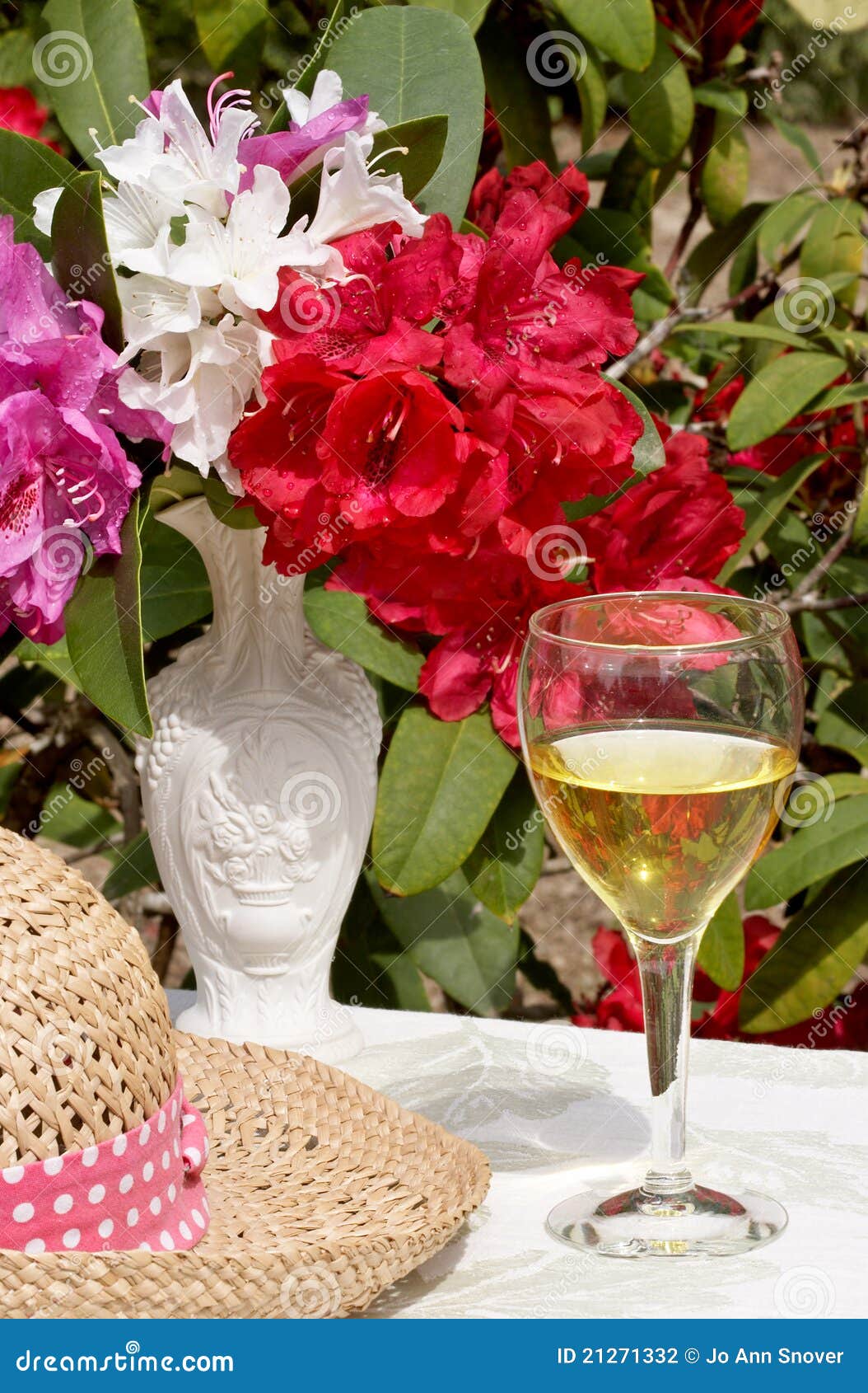 Wine Glass & Flowers on Outside Table Stock Photo Image of green