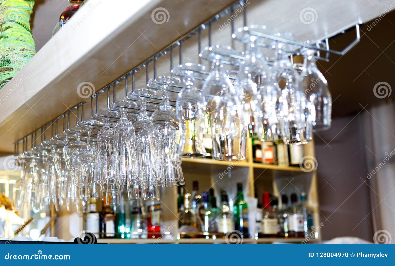 Wine Glass Hanging Oh Shelf In Pub & Restaurant Stock Photo Image of