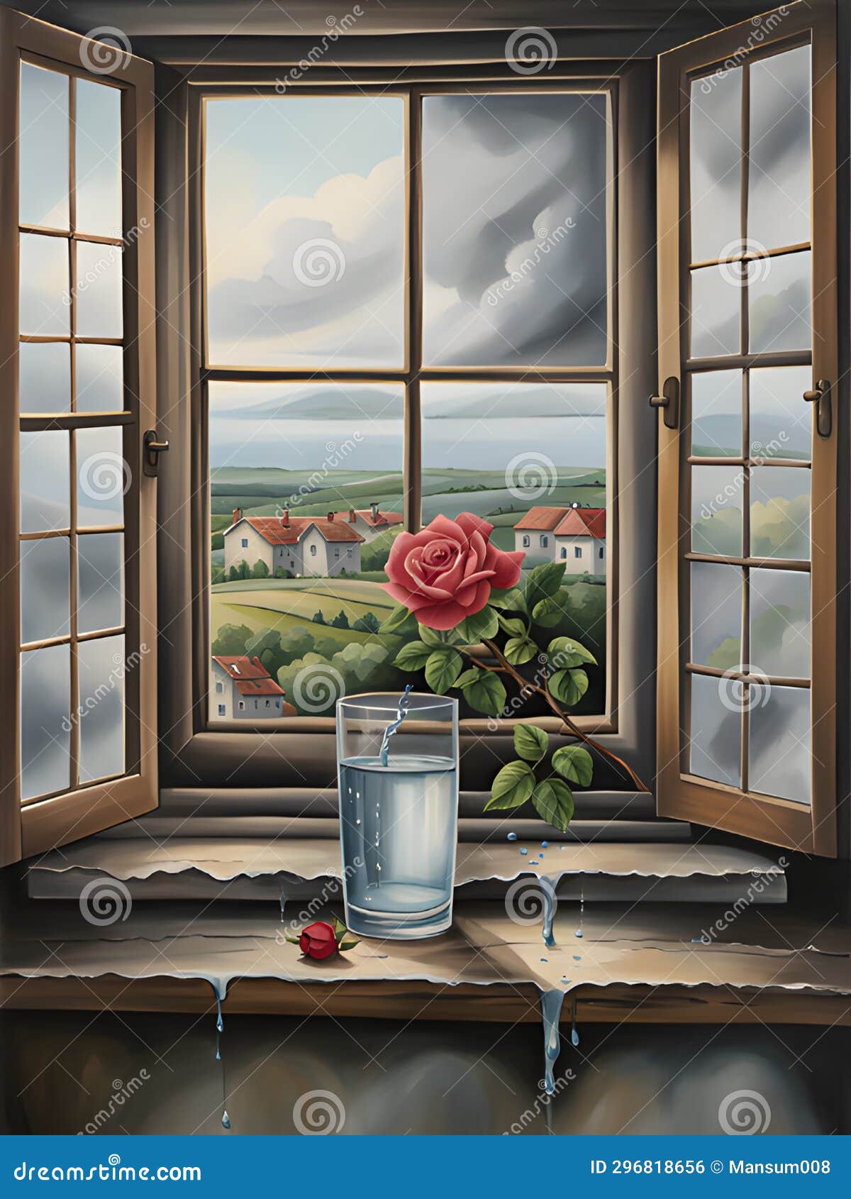 Wine Glass with Roses Near the Window Stock Illustration Illustration