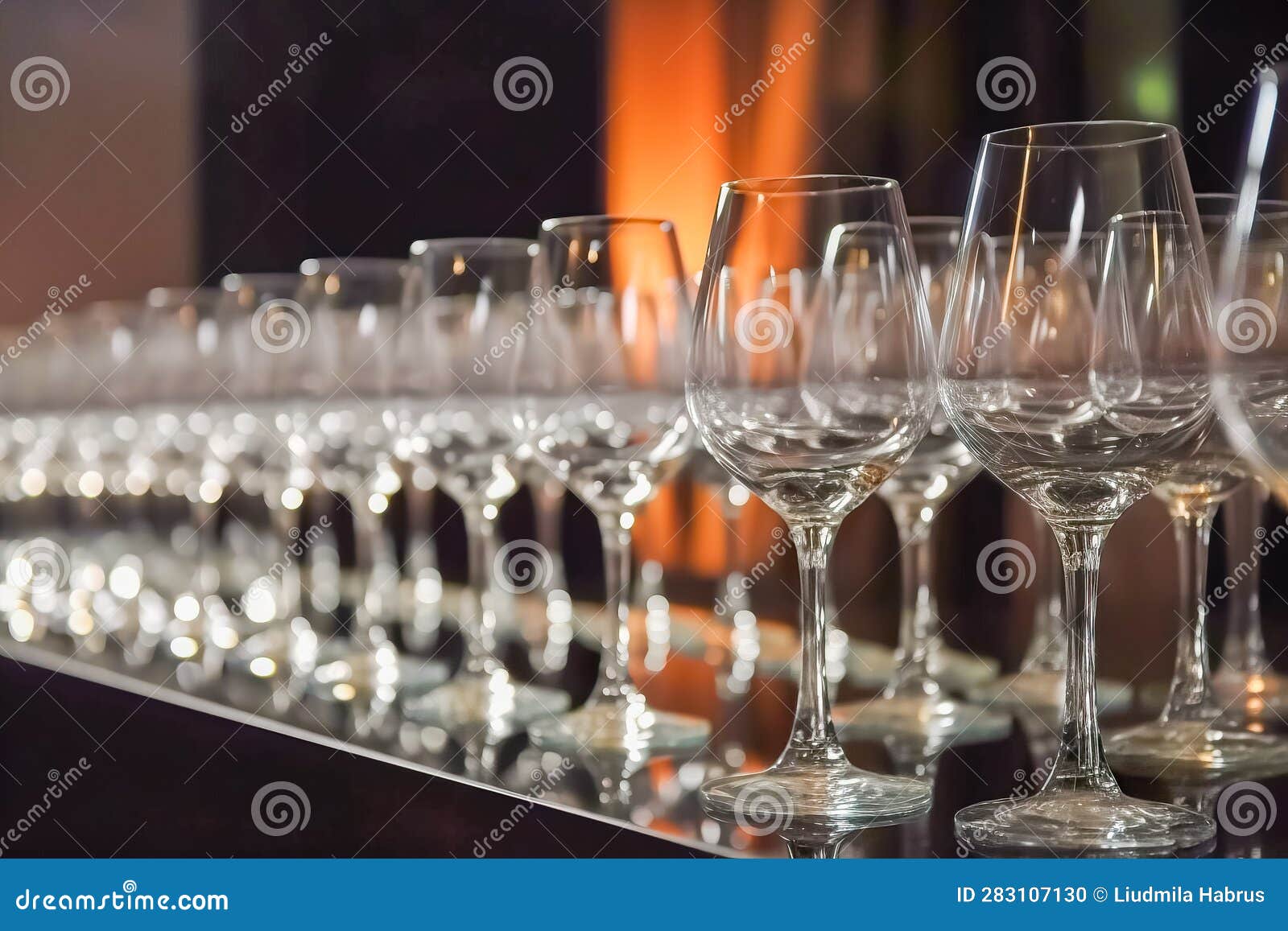 Wine Glasses on a Bar Counter in a Restaurant. Selective Focus Stock