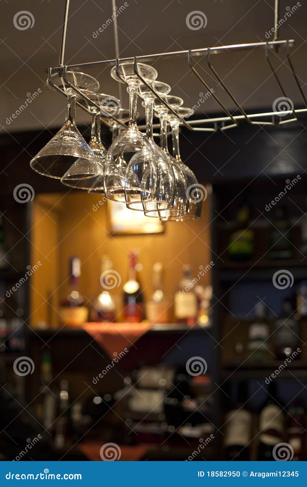 Wine Glasses Hanging Near Bar Counter Stock Photo Image of food