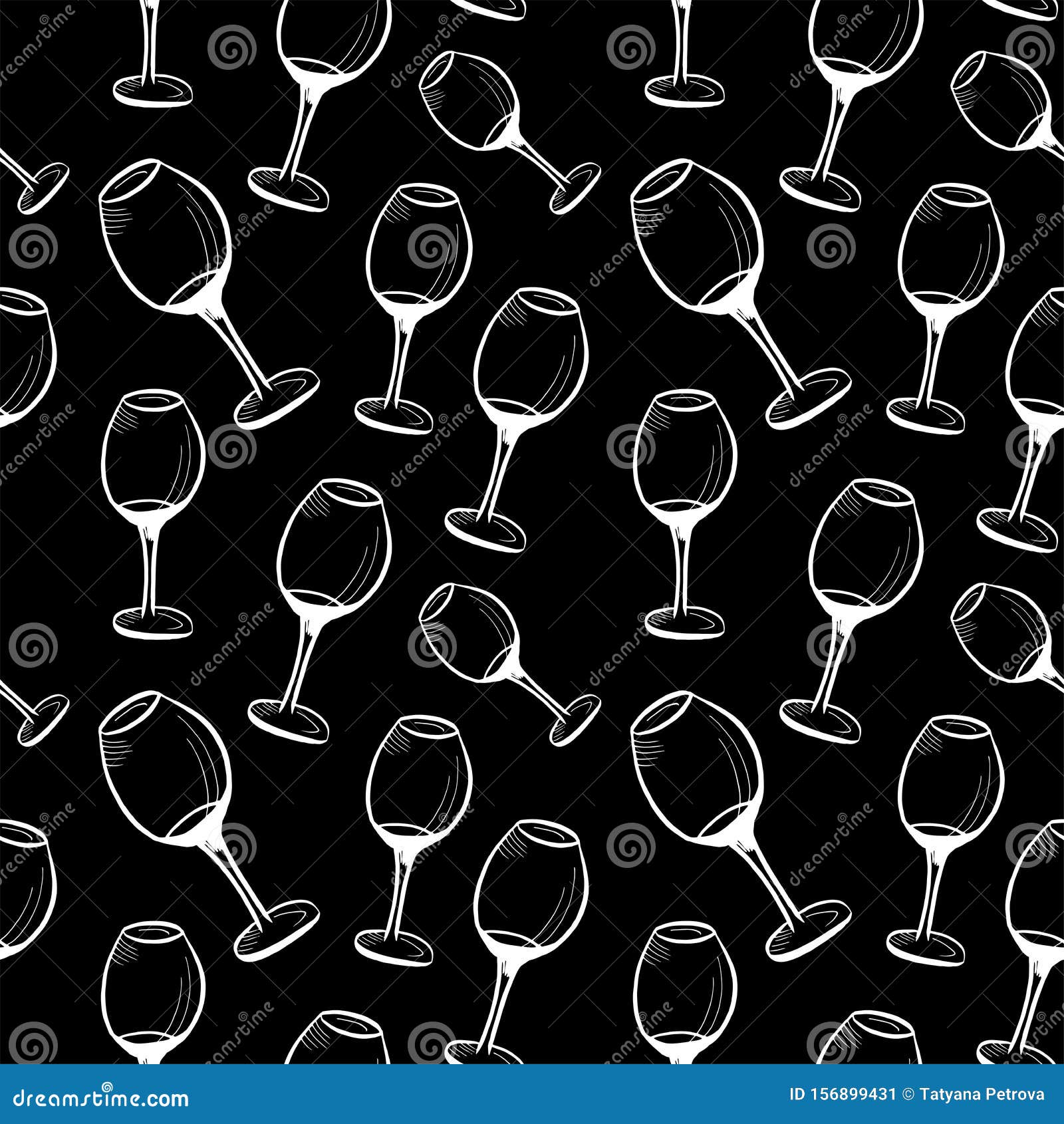 Wine Glasses Pattern. Handdrawn White Doodle of Wine Glasses on Black