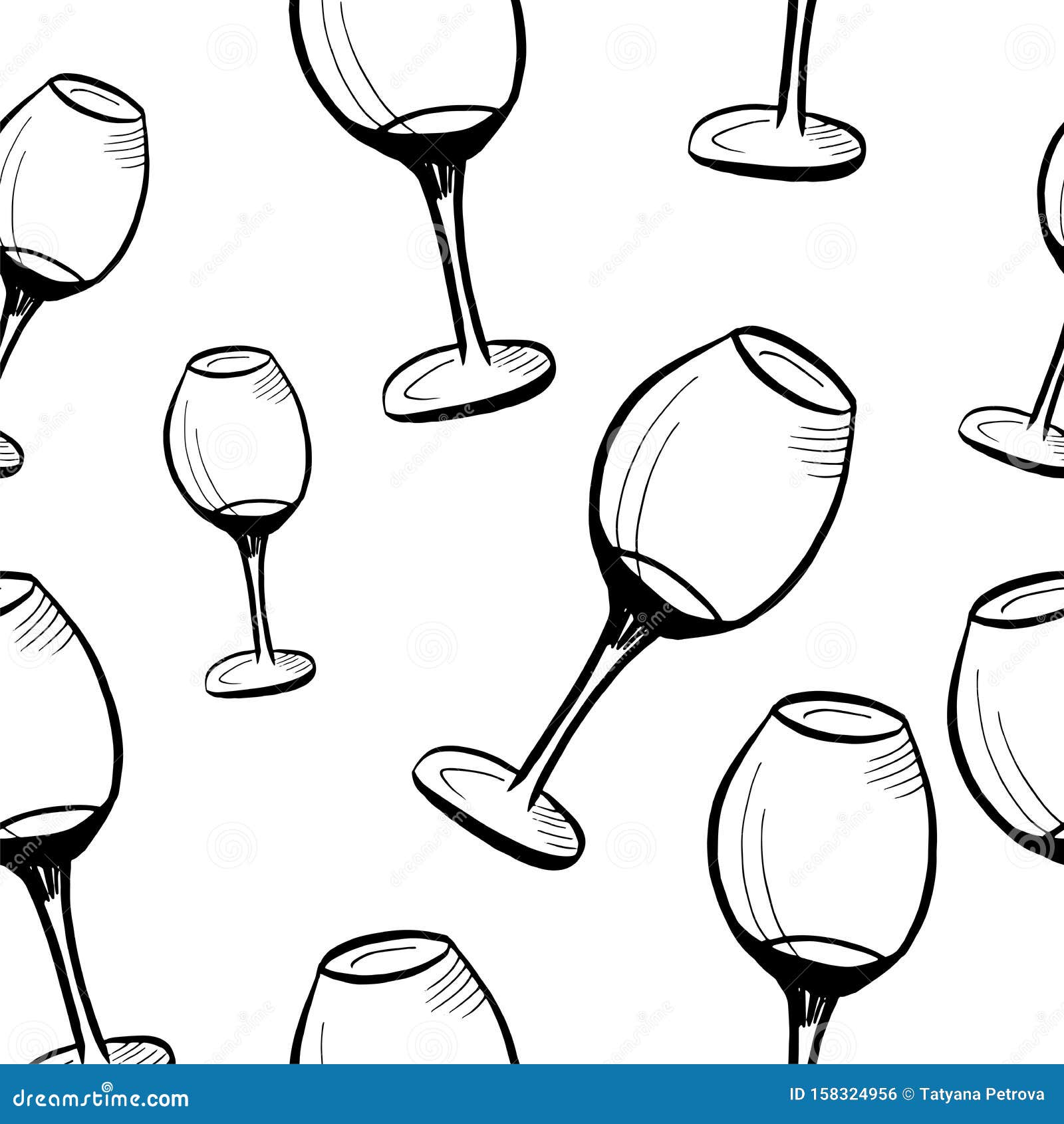 Wine Glasses Sketch Pattern. Hand Drawn Black Glasses on White Stock Vector Illustration of