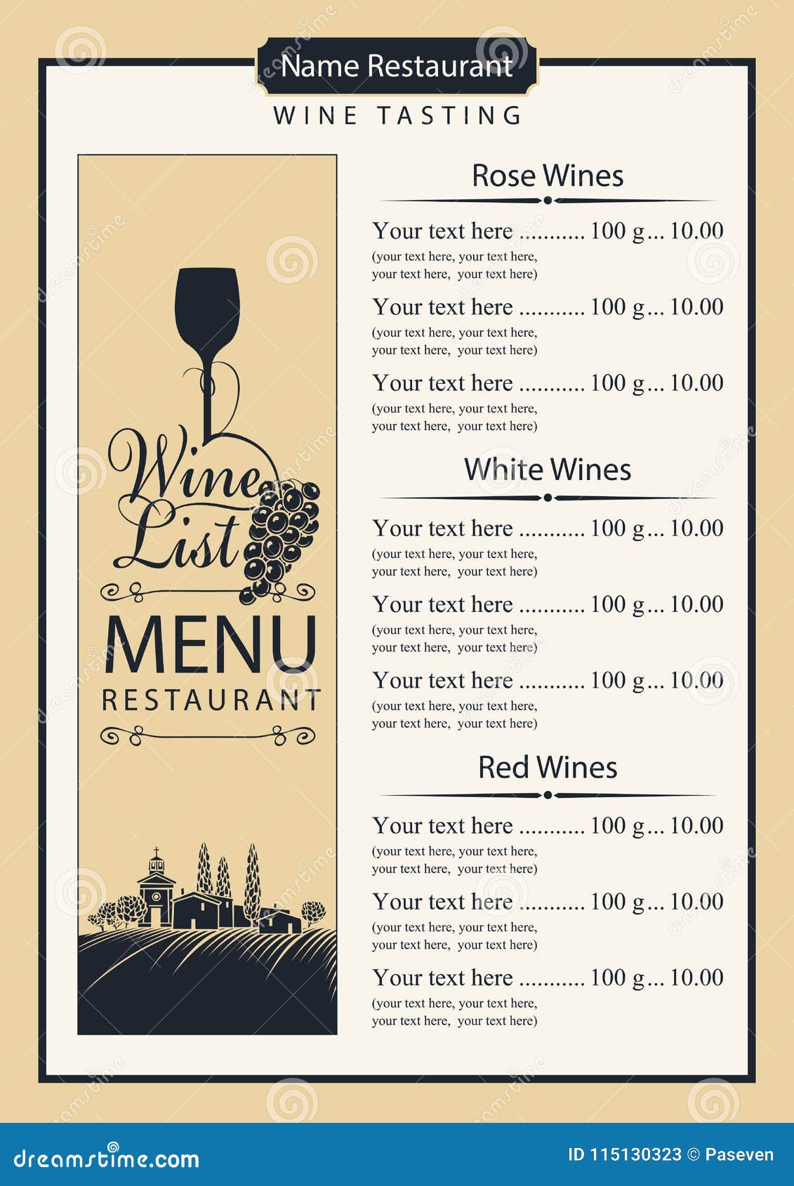 Wine List with Wine Glass Grapes and Landscape Stock Vector